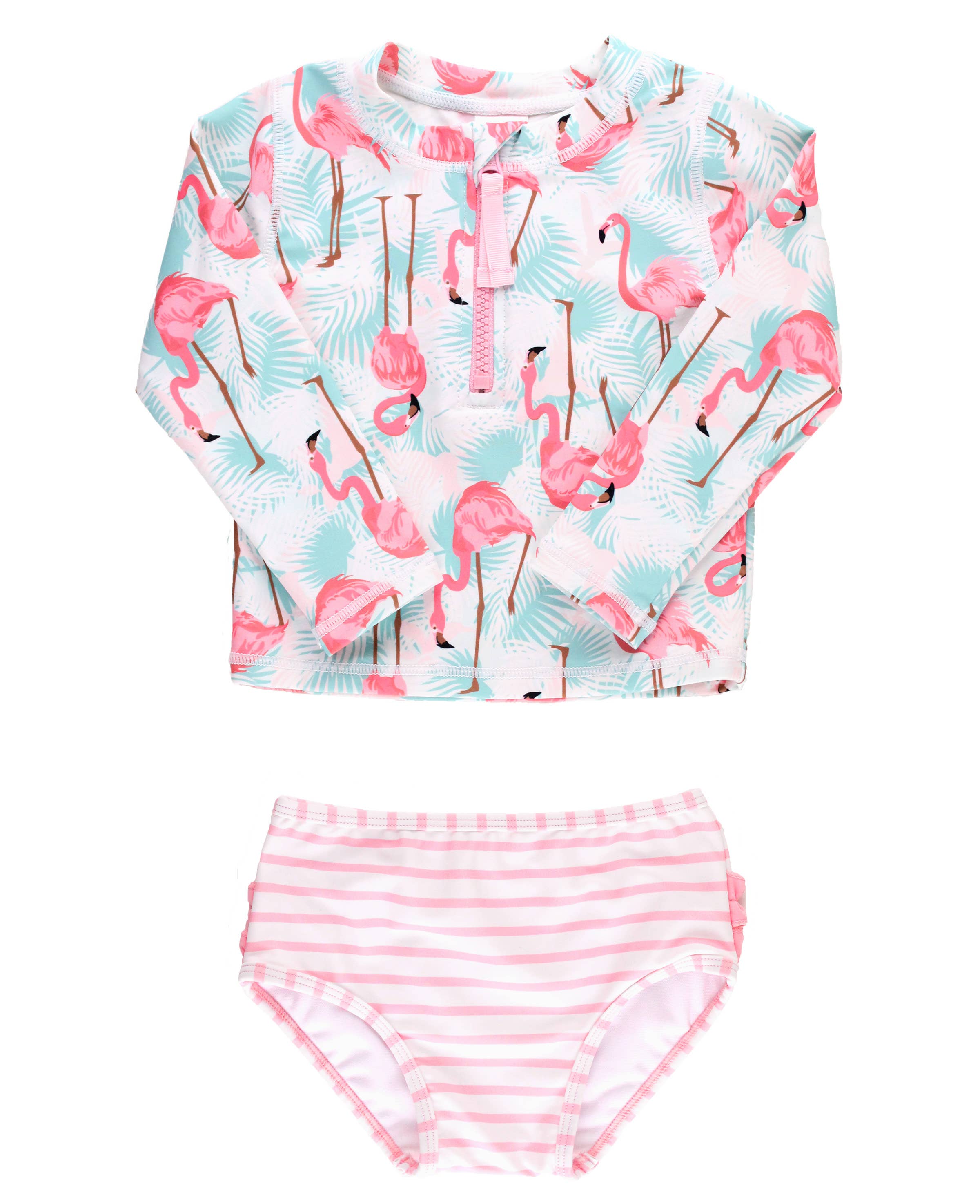Girls Vibrant Flamingo Long Sleeve Zipper Rash Guard 2-Piece Swimsuit with Signature Rear Ruffles