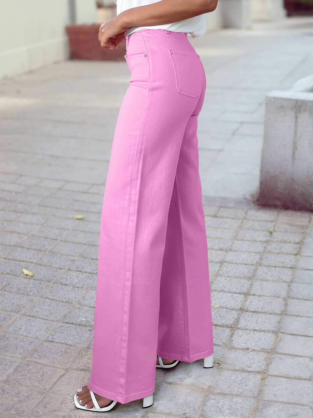 High Waisted Double Button Wide Leg Elastic Denim Jeans: Black / 12