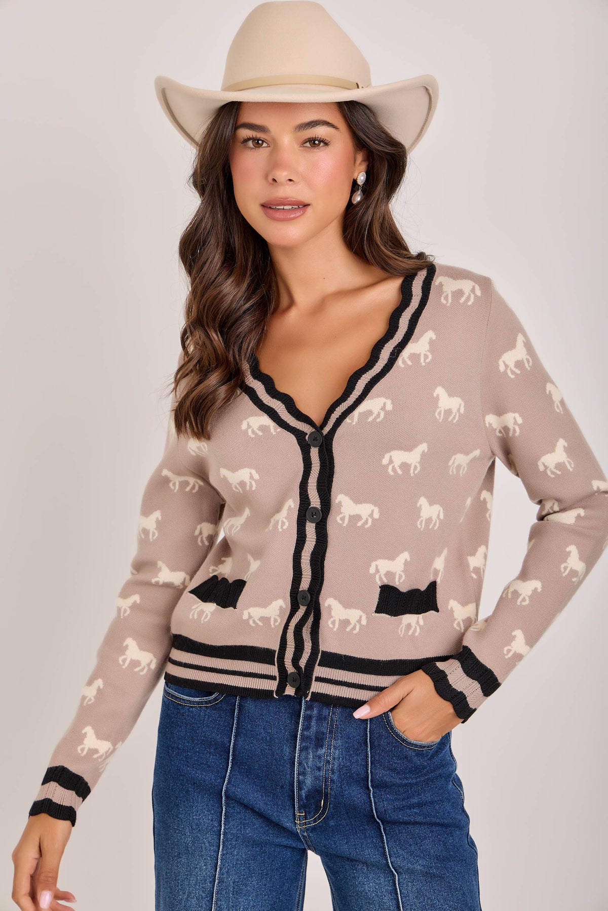 SUPER SOFT HORSE PRINT KNIT CARDIGAN_JLT00386-01: OATMEAL COMBO / S-M-L(2-2-2)