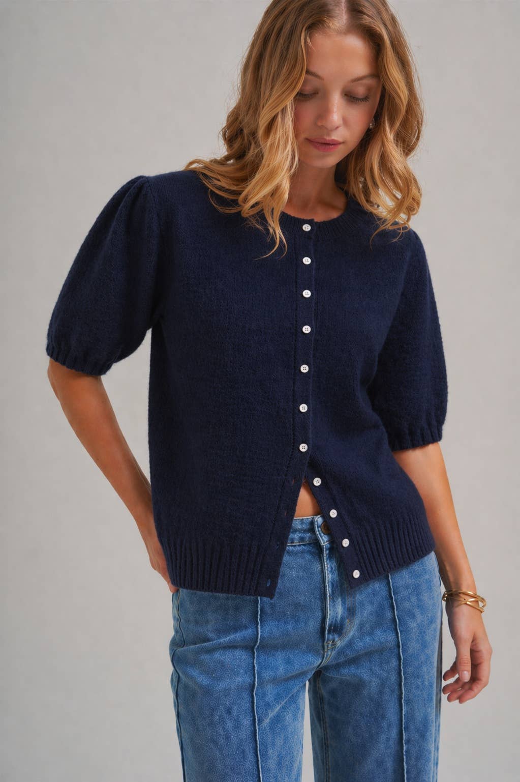 SHORT SLEEVE RELAXED FIT CARDIGAN _JLT00295-01: OATMEAL / S-M-L(2-2-2)