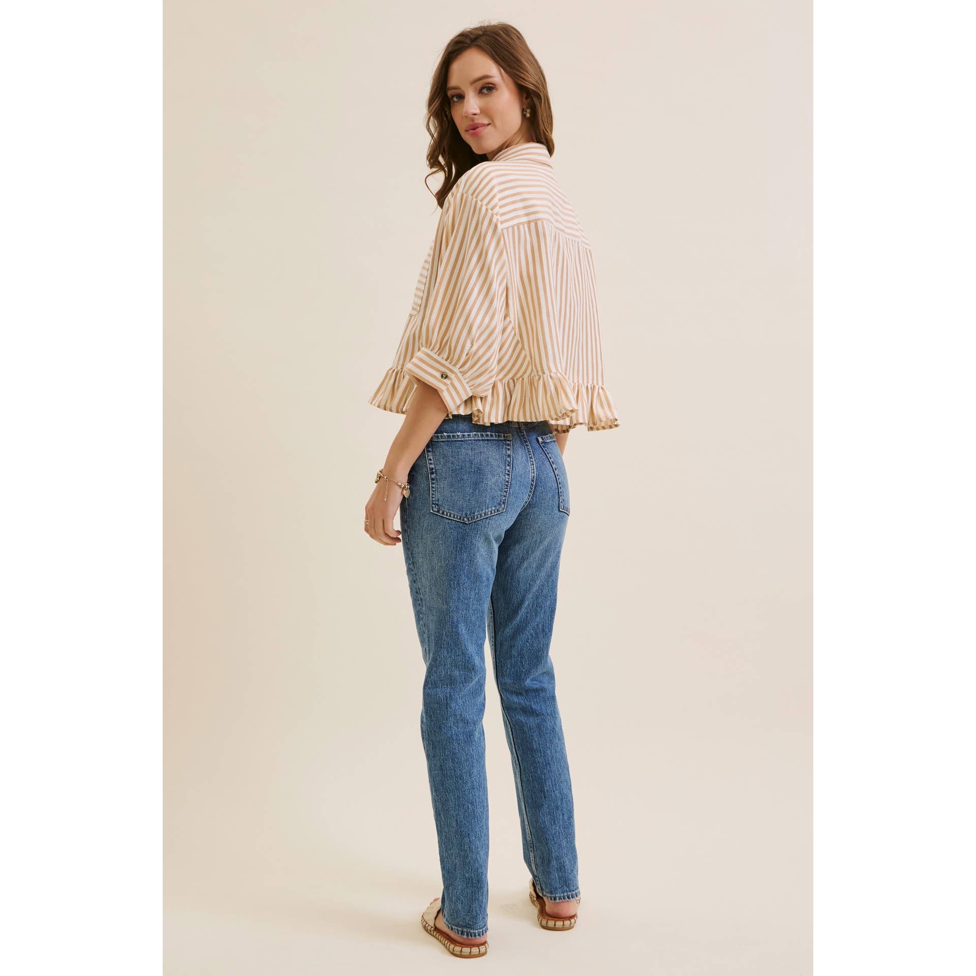 YEAR-ROUND CLASSIC COTTON STRIPE BUTTON-DOWN PEPLUM SHIRT: CLOVER GREEN / S