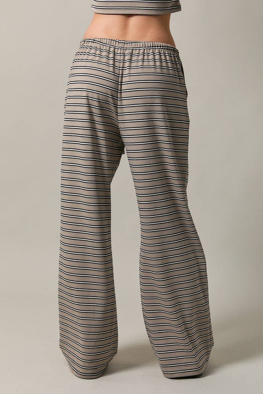 MID WAISTED WIDE LEG STRIPED PANTS: MAUVE-BROWN STRIPE / S