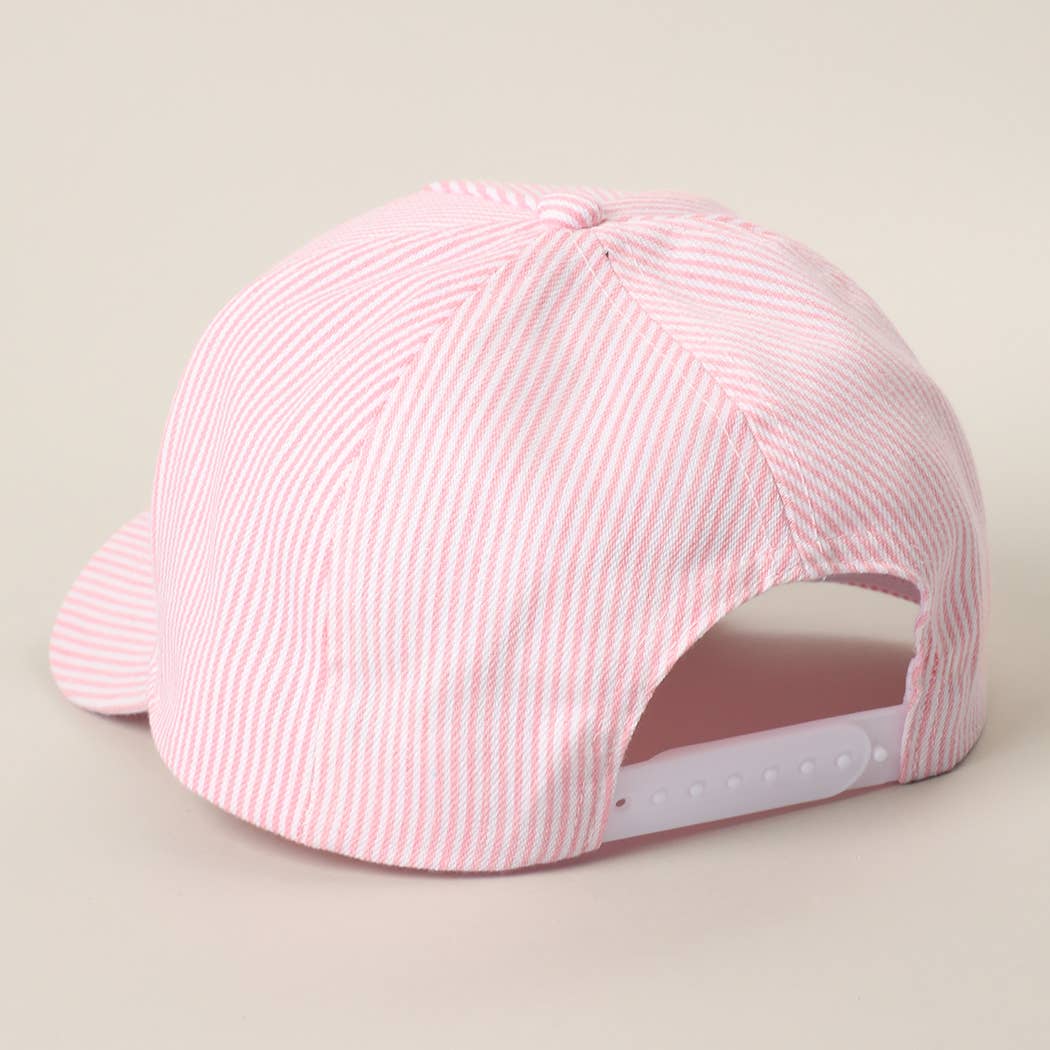 TANNED & TIPSY Embroidered Seersucker Stripe Trucker Hat: PINK / ONE SIZE