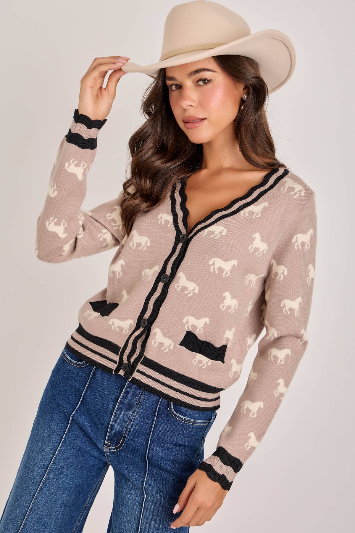 SUPER SOFT HORSE PRINT KNIT CARDIGAN_JLT00386-01: OATMEAL COMBO / S-M-L(2-2-2)