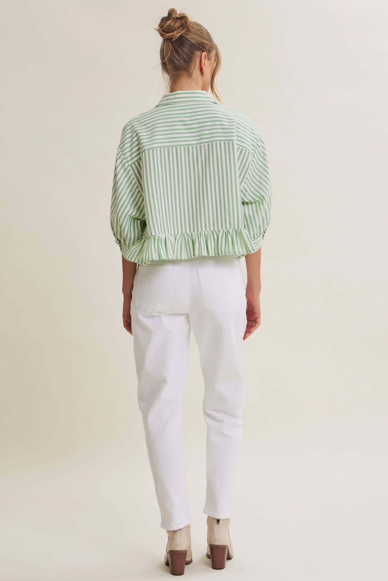 YEAR-ROUND CLASSIC COTTON STRIPE BUTTON-DOWN PEPLUM SHIRT: CLOVER GREEN / S