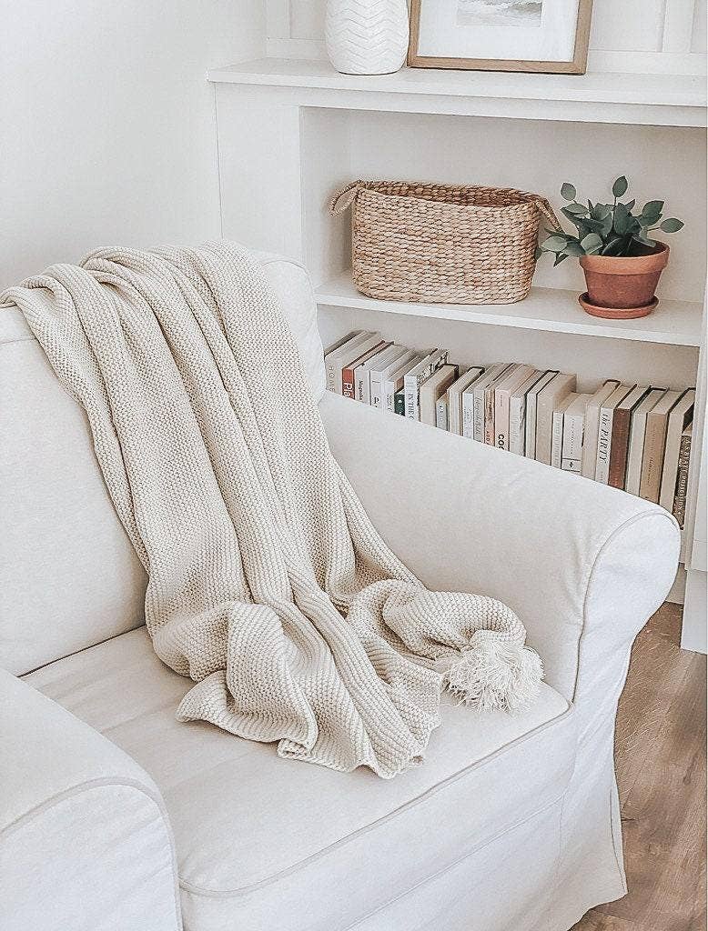 Knit Throw Blanket - Knit Throw Blanket With Tassels | Cozy: Cream