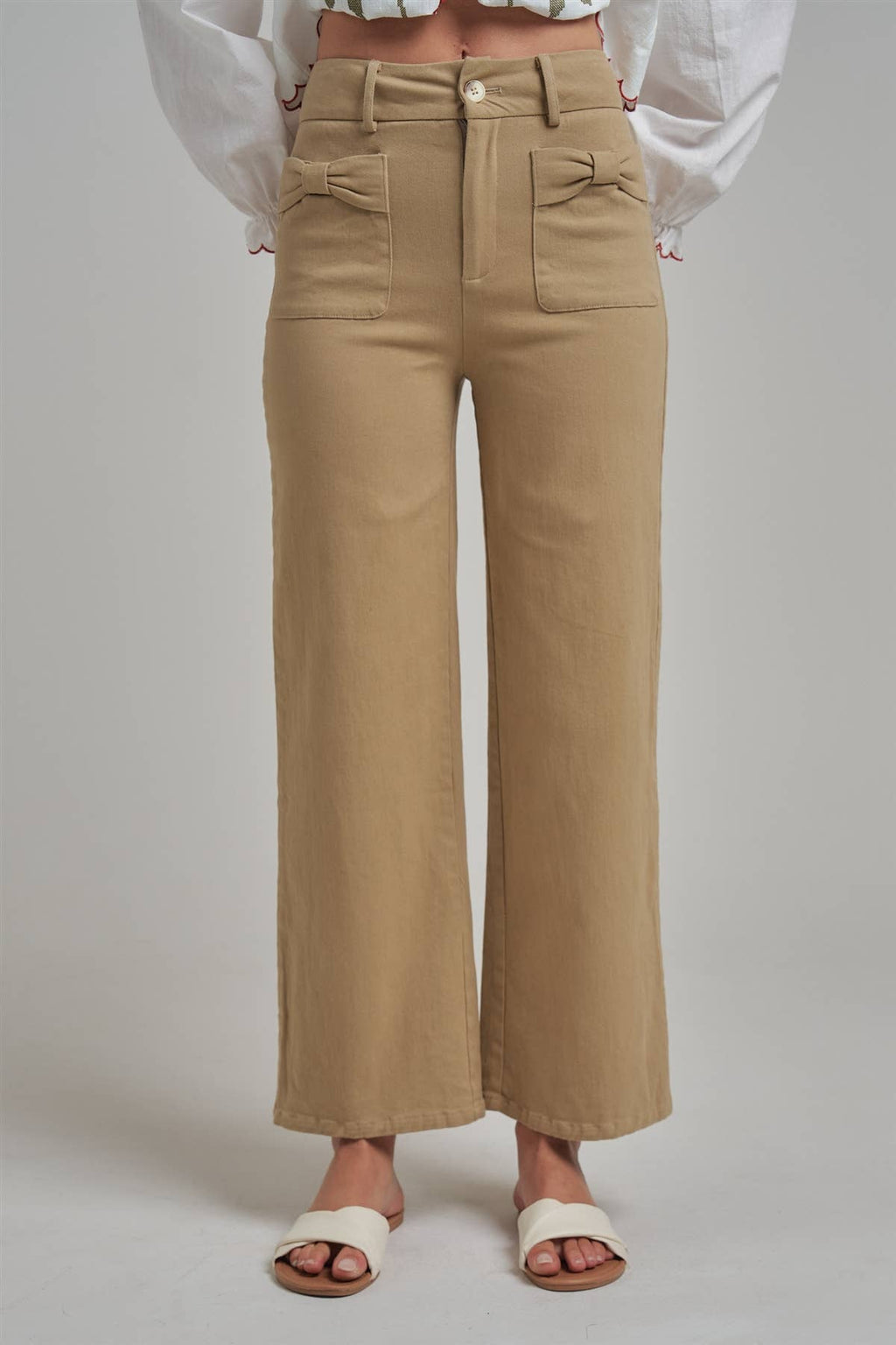 WIDE LEG STRETCH PANTS WITH BOW FRONT POCKETS