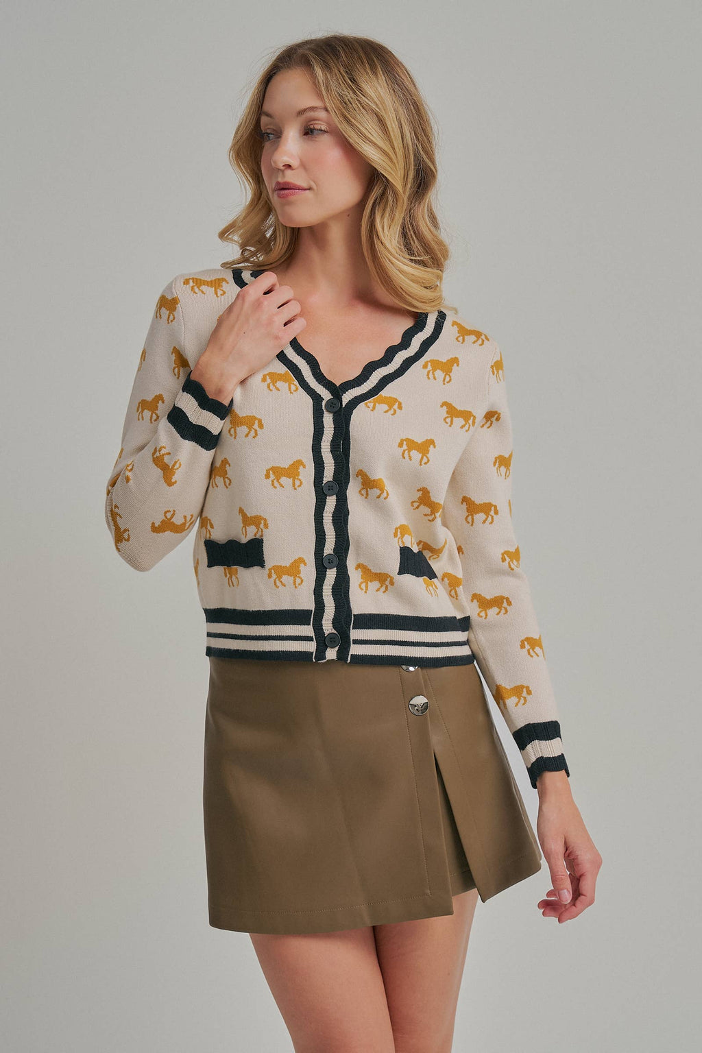 SUPER SOFT HORSE PRINT KNIT CARDIGAN_JLT00386-01: OATMEAL COMBO / S-M-L(2-2-2)