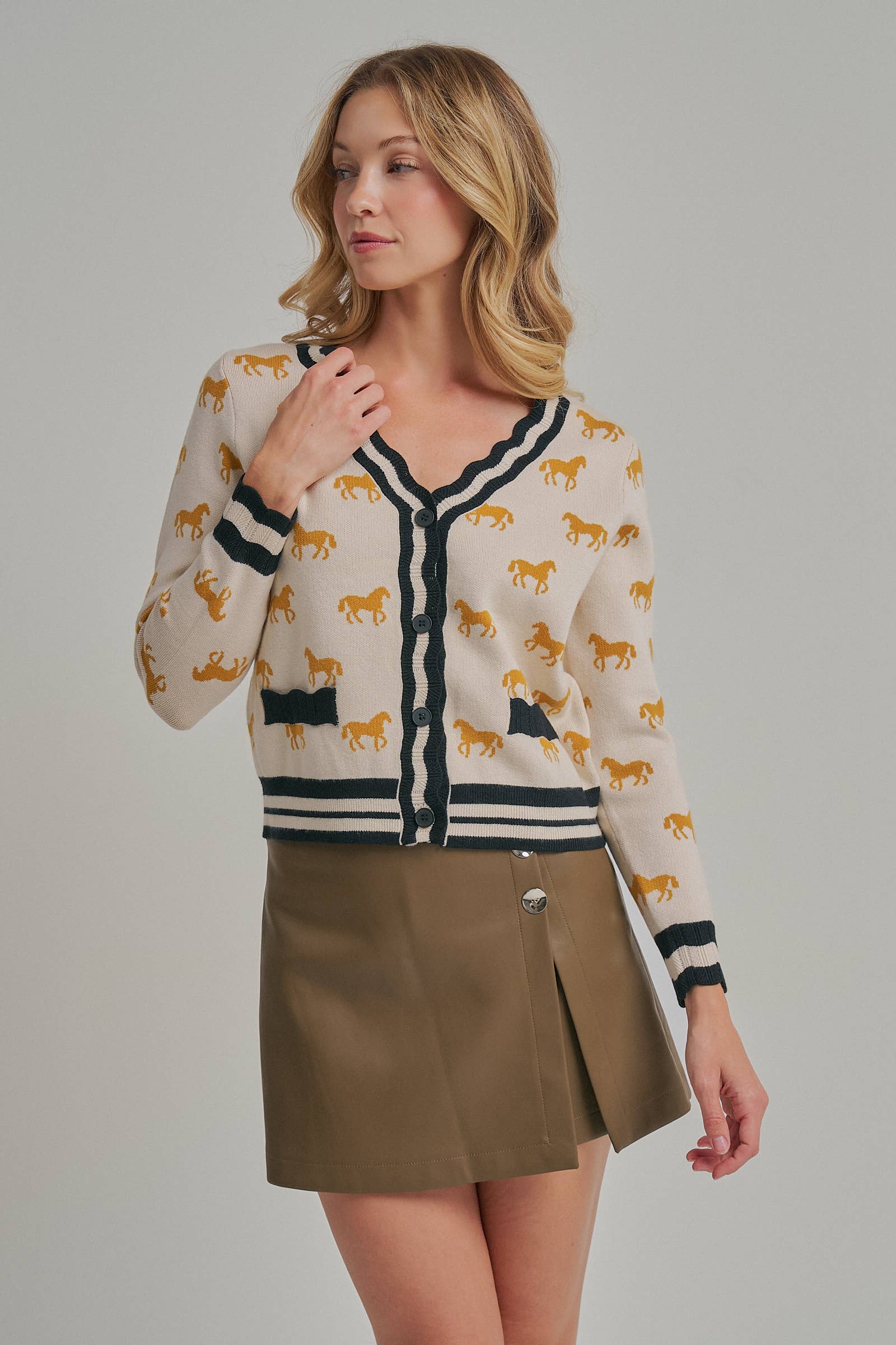 SUPER SOFT HORSE PRINT KNIT CARDIGAN_JLT00386-01: OATMEAL COMBO / S-M-L(2-2-2)
