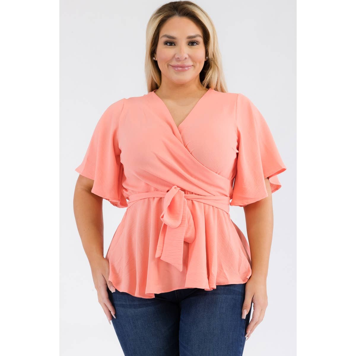 PLUS SIZE SURPLICE TIE WAIST PEPLUM BLOUSE: Black / 3X