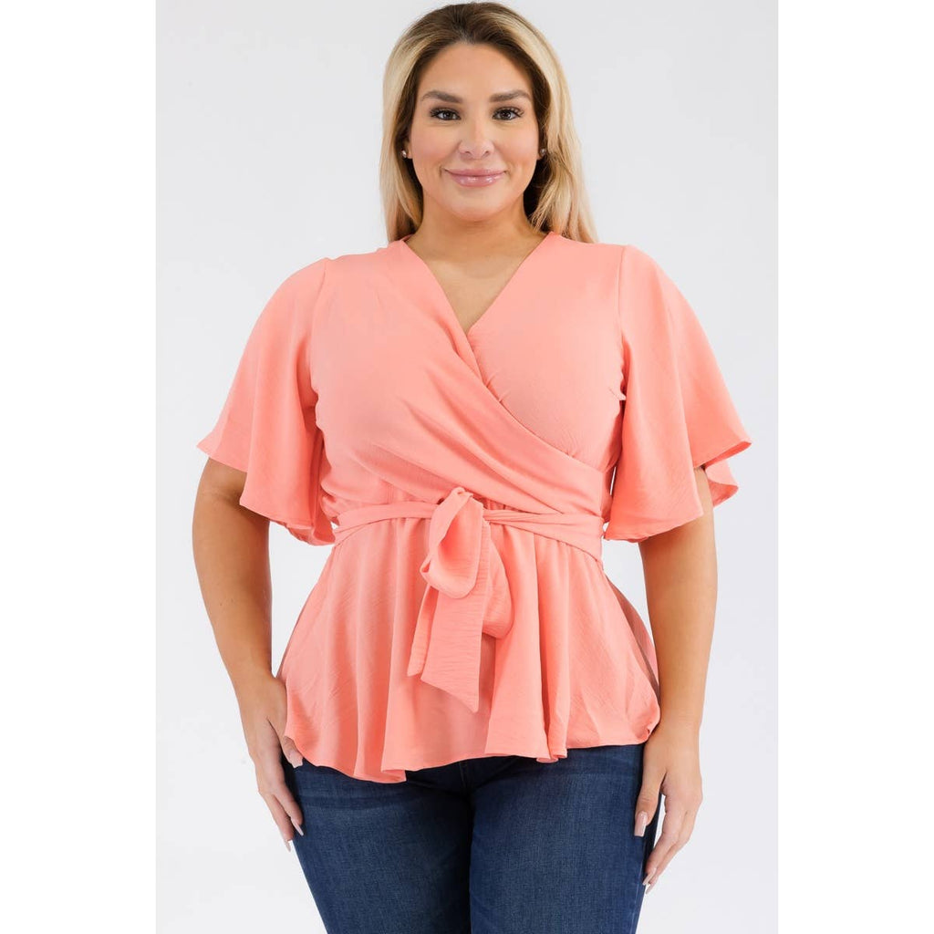 PLUS SIZE SURPLICE TIE WAIST PEPLUM BLOUSE: Black / 2X
