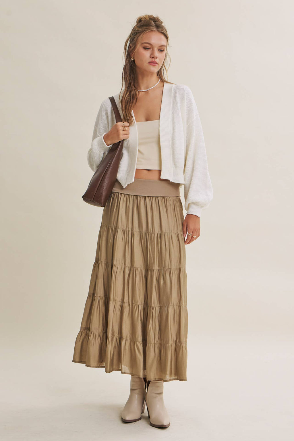 EVERYDAY ESEENTIAL EASY LAYERING BALLOON SLV WAFFLE CARDIGAN: OLIVE / S