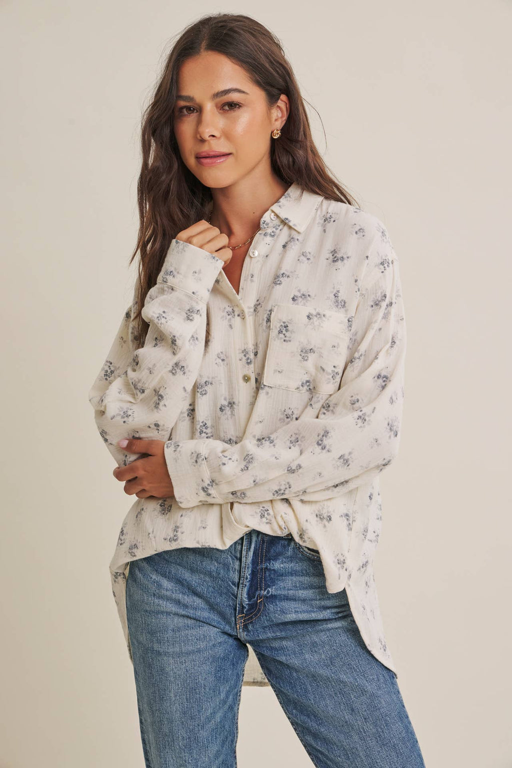 SOFT BREEZE FLORAL COTTON GAUZE RELAXED FIT SHIRT
