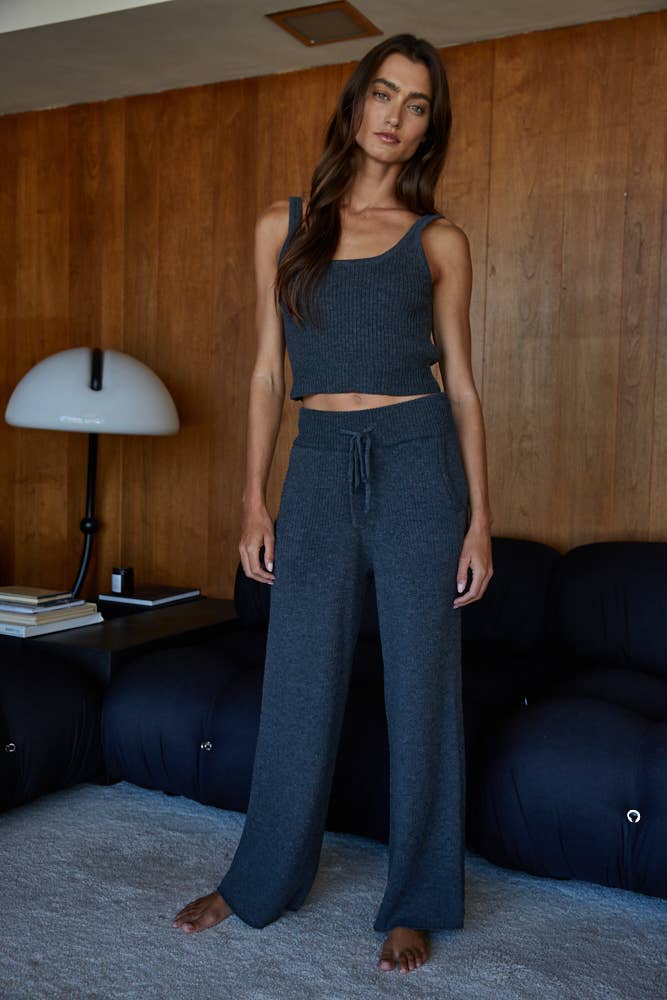 W2242B | Knit Sweater Polyester Ribbed Straight Leg Pants: Dark Olive / S