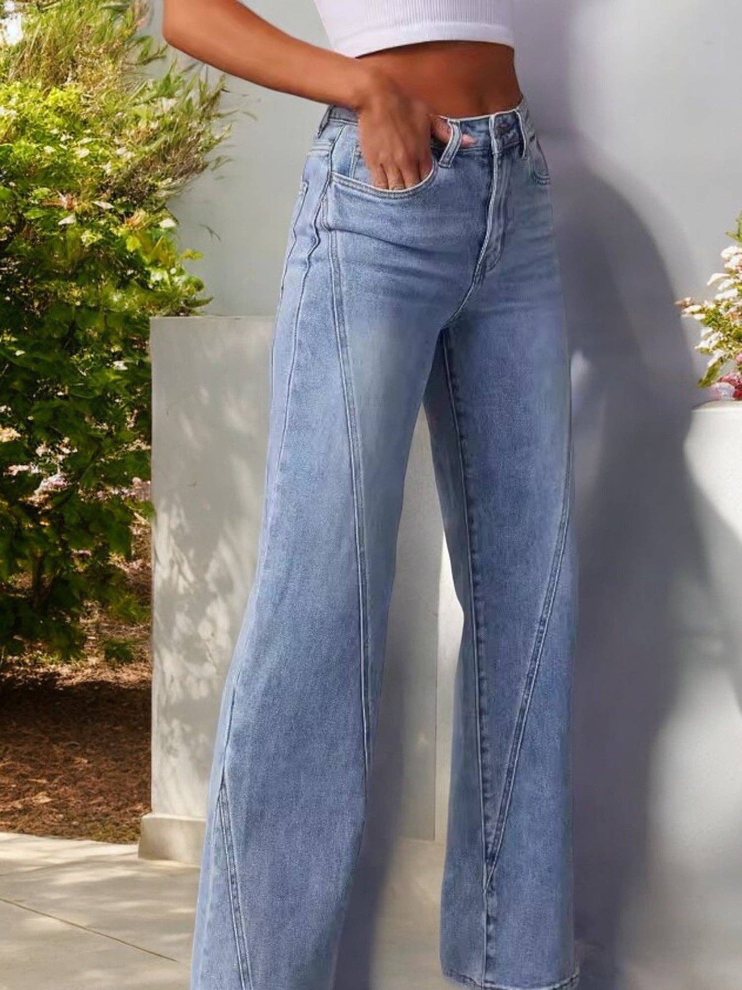 Women's High Waist Wide Leg Jeans with Seaming Detail