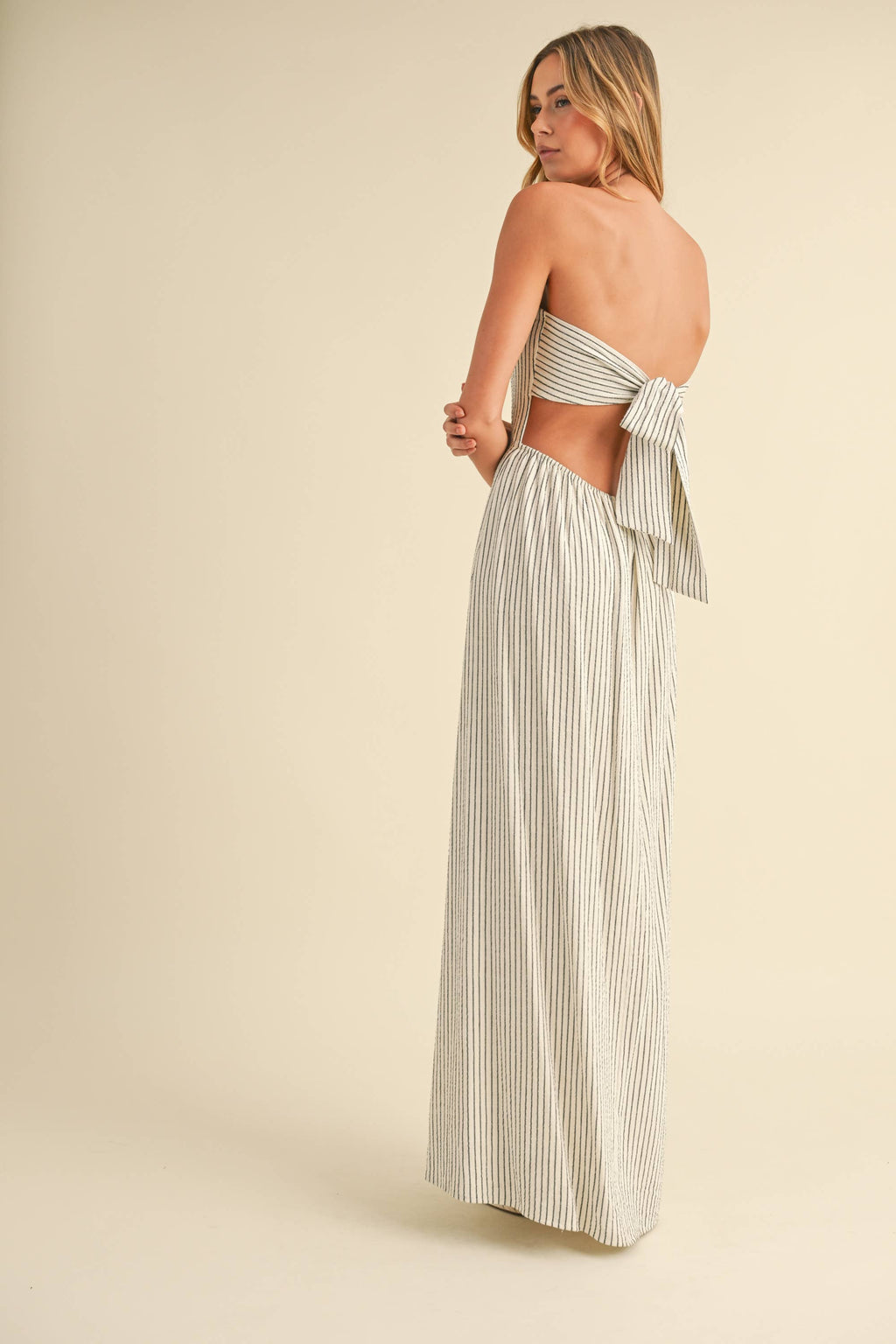 STRIPED LONG BACK TIE STRAPLESS MAXI DRESS: IVORY