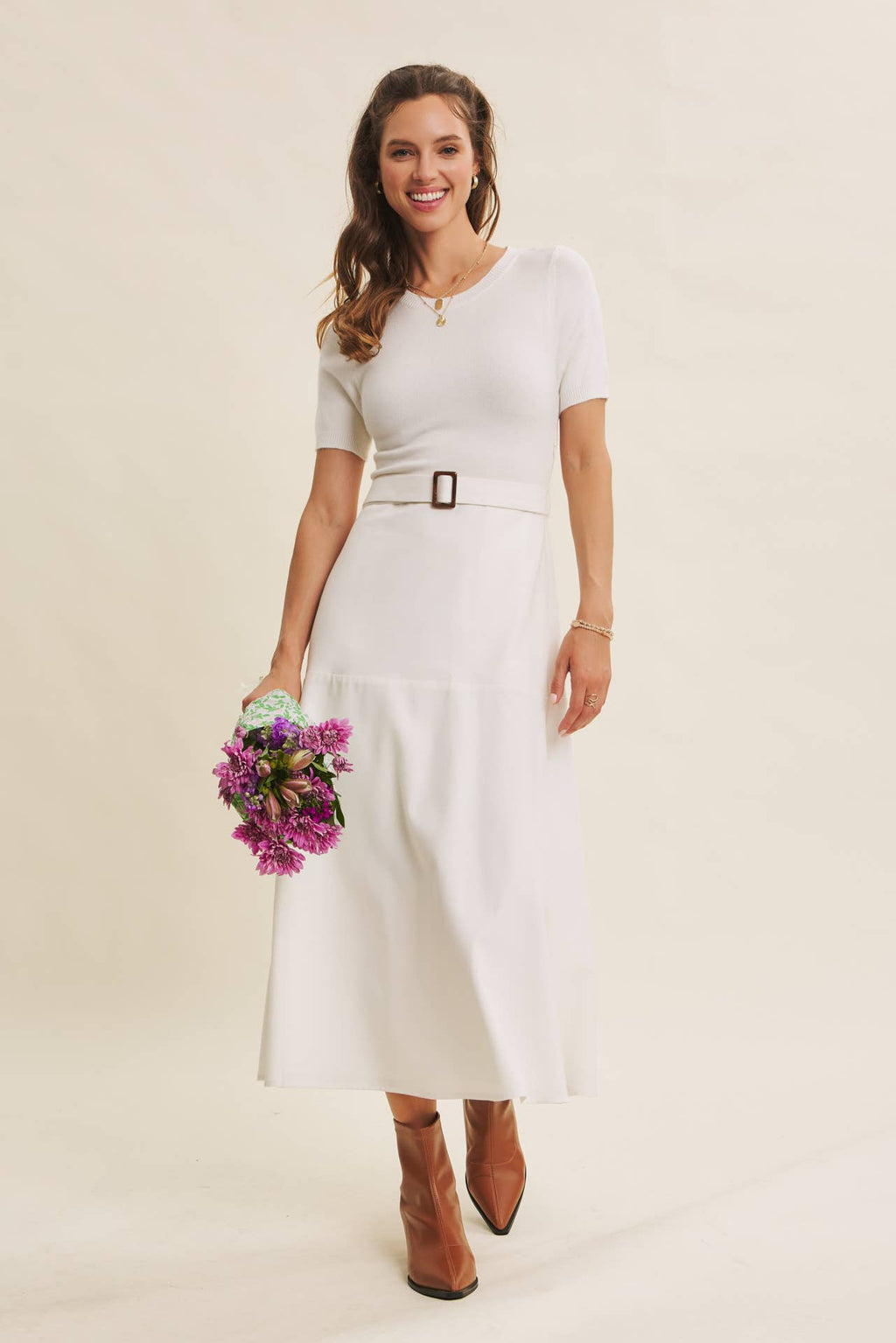 PHOTOGRAPHS LIKE A DREAM BELTED SWEATER TWOFER MIDI DRESS