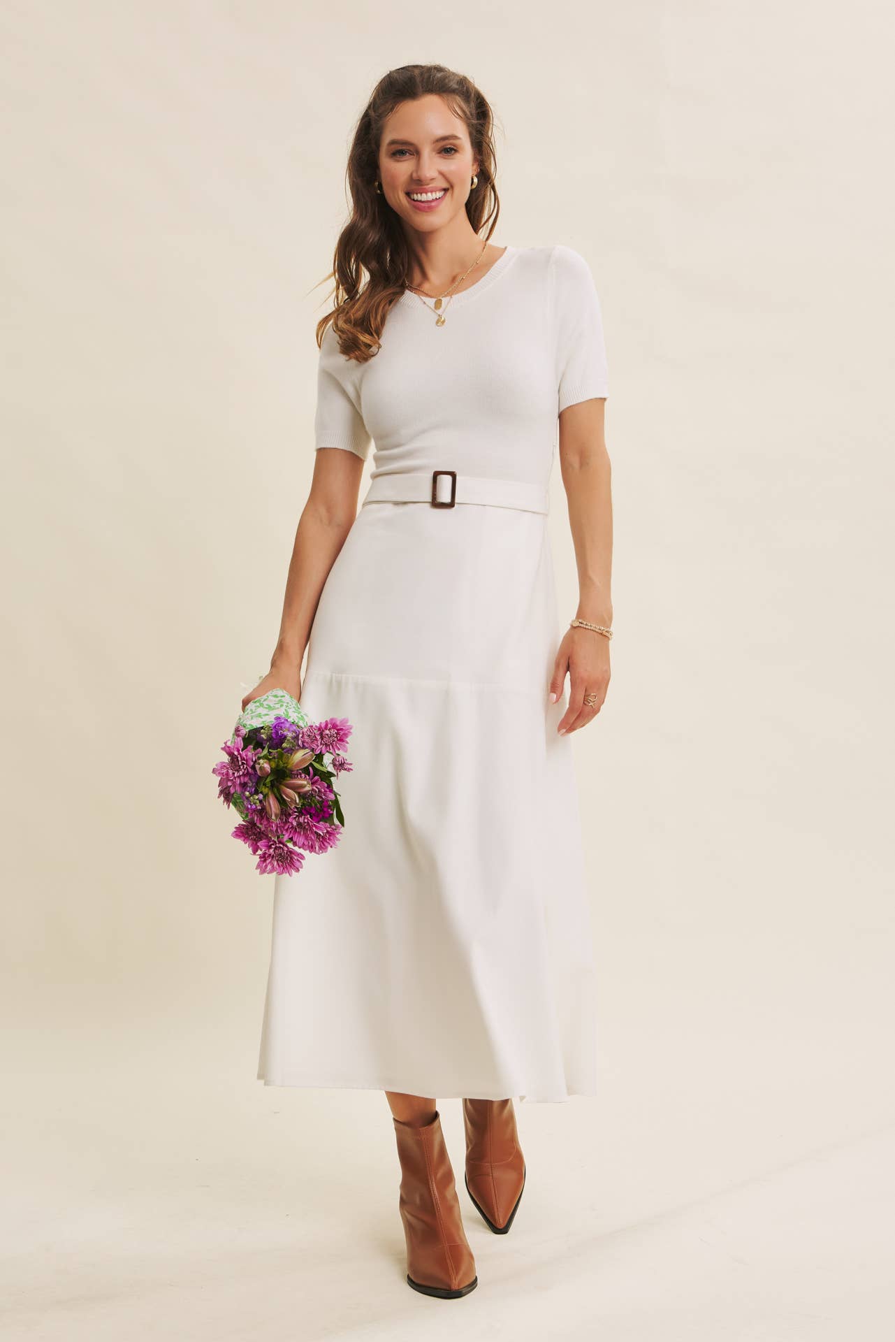 PHOTOGRAPHS LIKE A DREAM BELTED SWEATER TWOFER MIDI DRESS