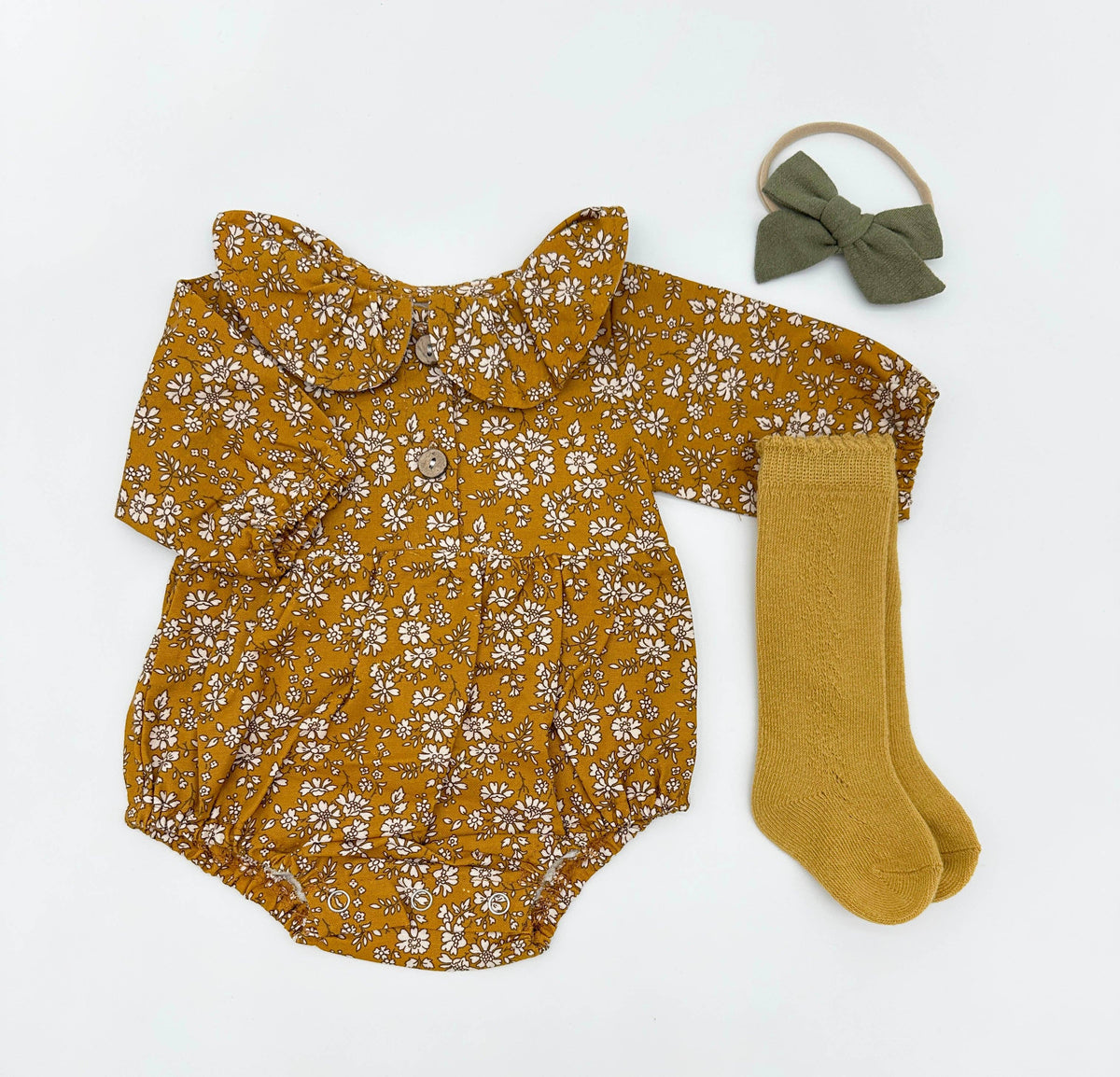 Mustard Floral Romper Set: D. 3pc Brown / 6-9 months