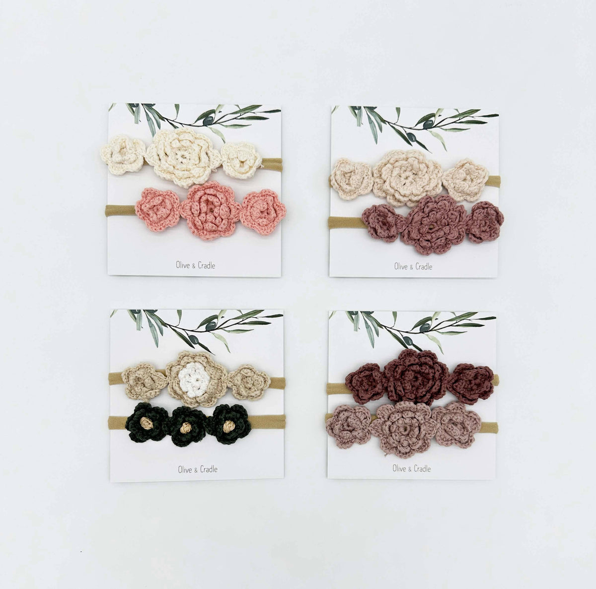 Crochet Flower Headband: With Card / Apricot-pink / Triple Flower