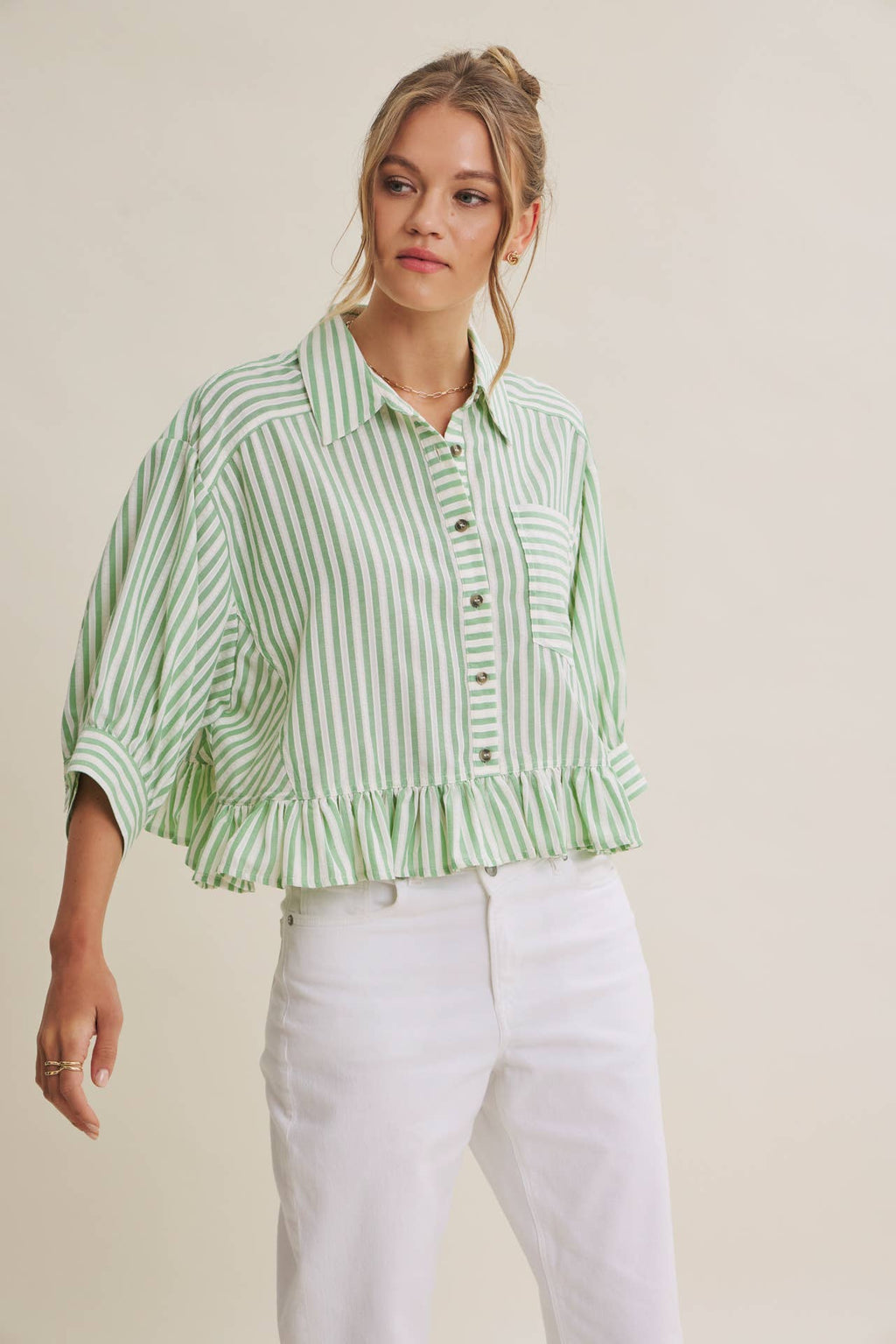 YEAR-ROUND CLASSIC COTTON STRIPE BUTTON-DOWN PEPLUM SHIRT: CLOVER GREEN / L