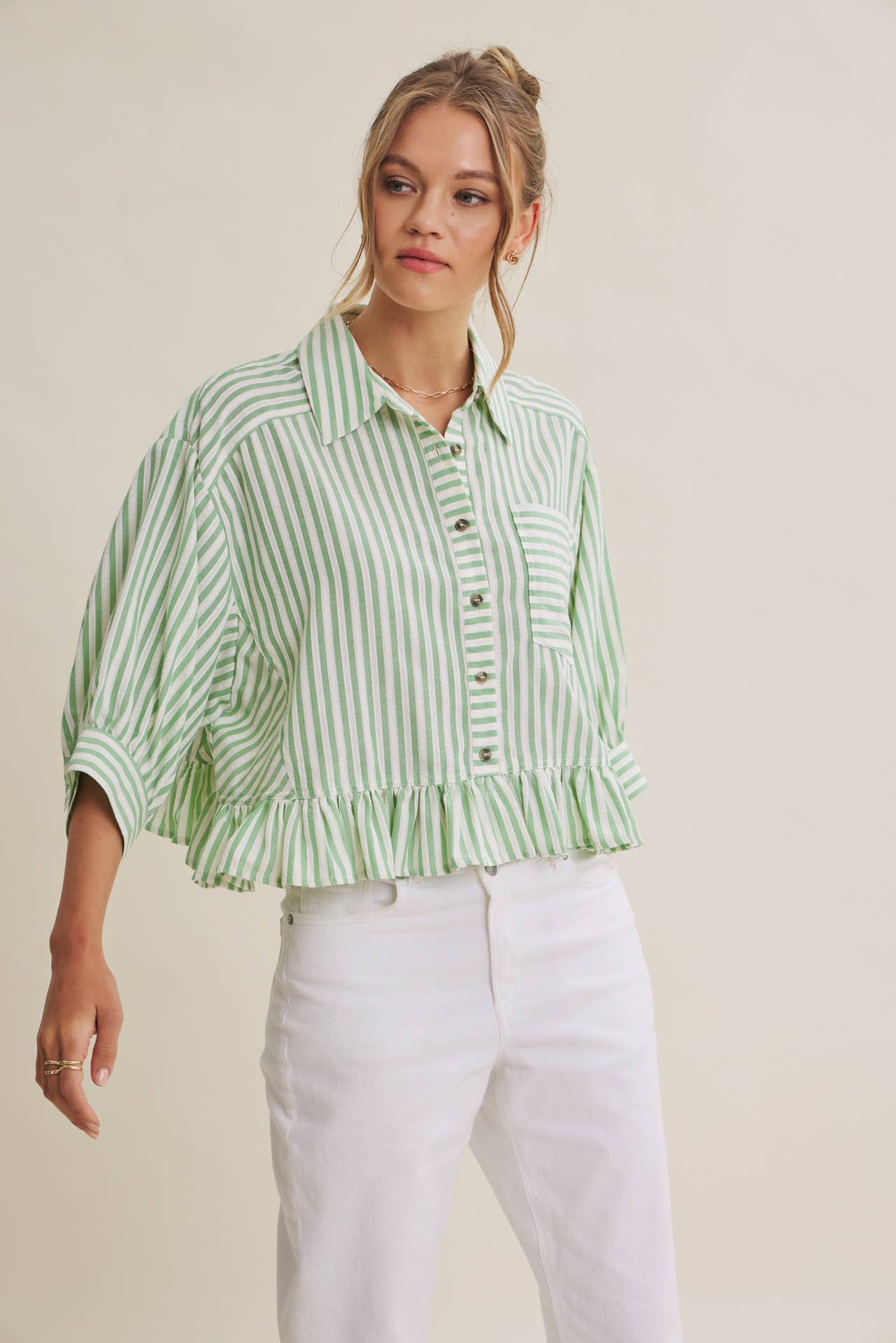 YEAR-ROUND CLASSIC COTTON STRIPE BUTTON-DOWN PEPLUM SHIRT: CLOVER GREEN / L