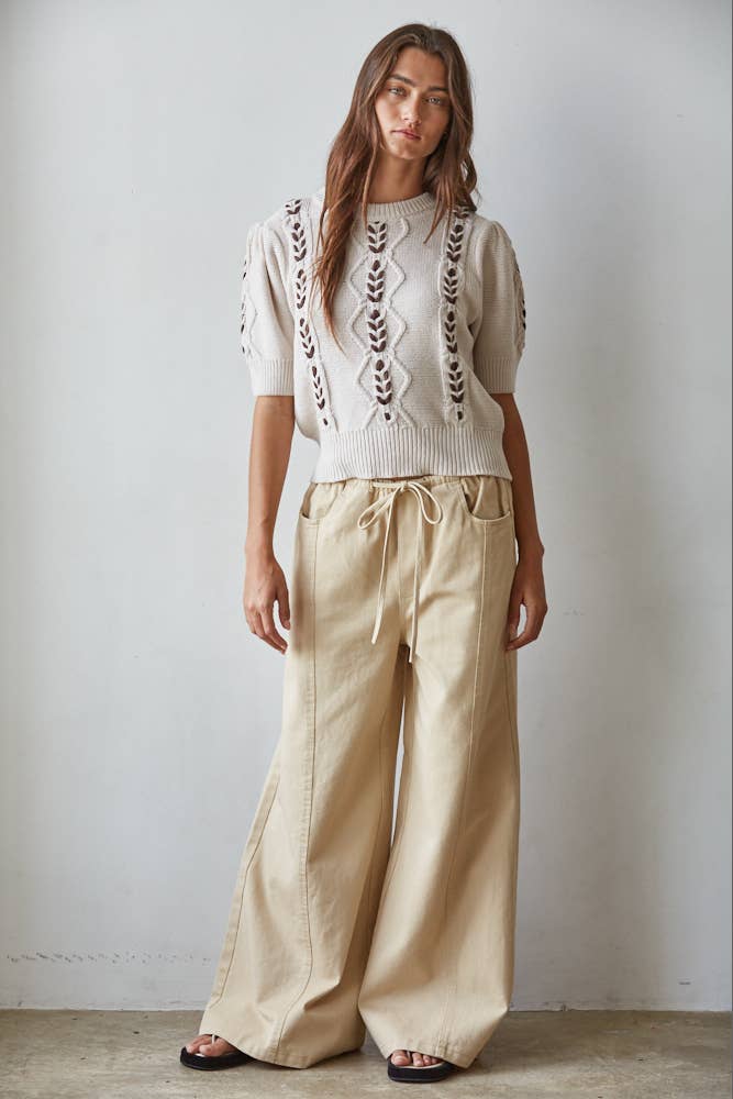 Knit Sweater Contrast Stitch Quarter Sleeve Pullover