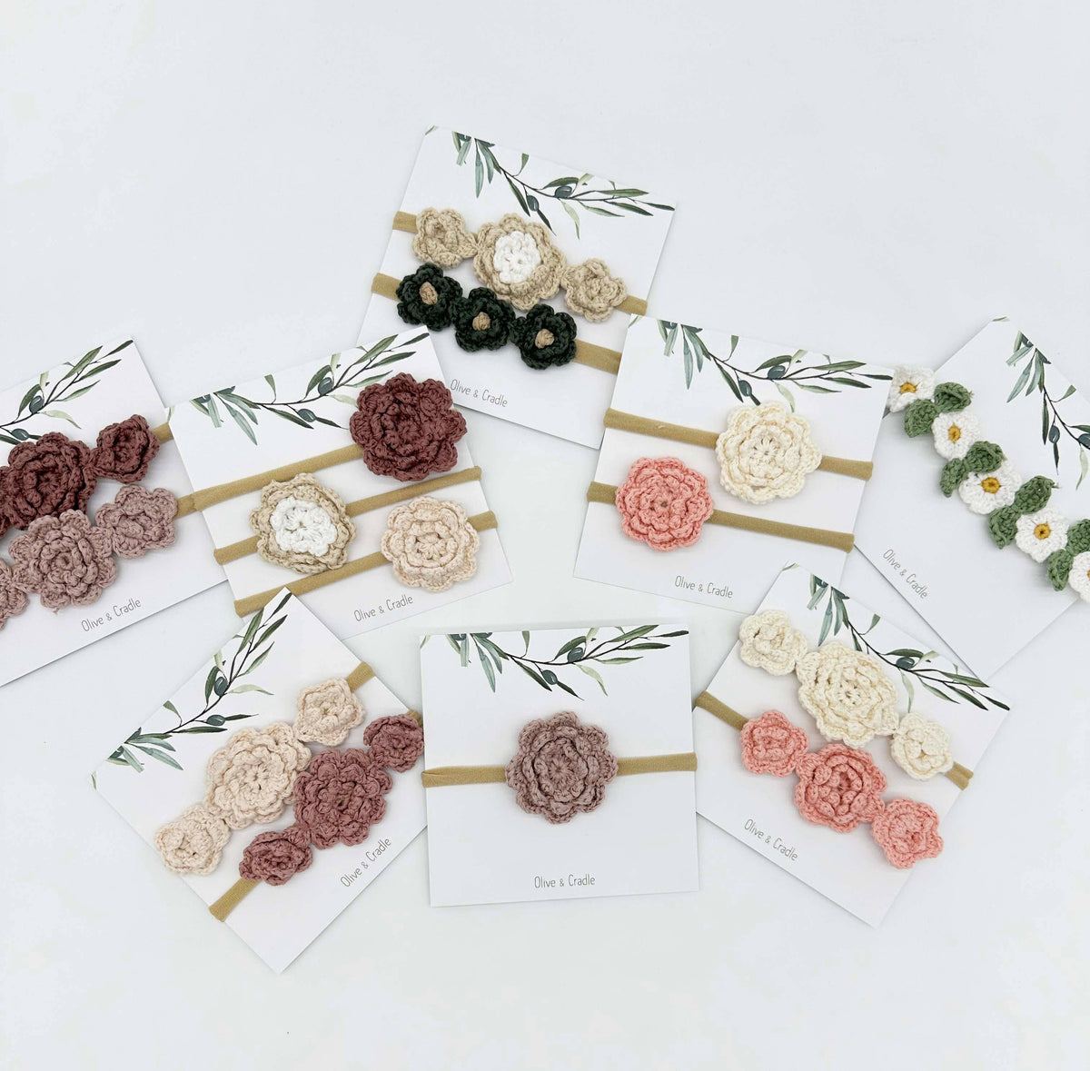 Crochet Flower Headband: With Card / Taupe-w-white / Single Flower