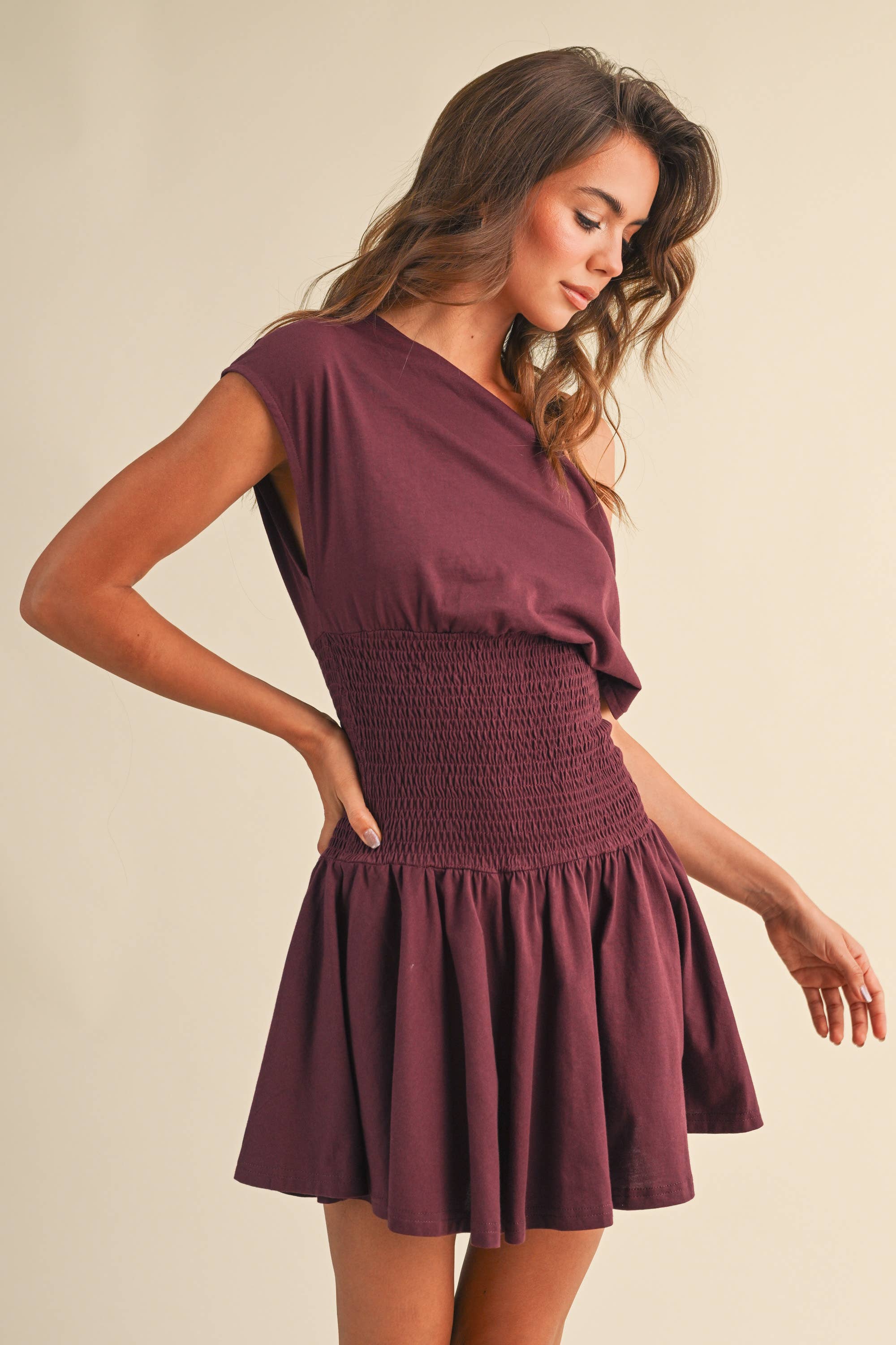 OFF SHOULDER SMOCKED WAIST MINI DRESS