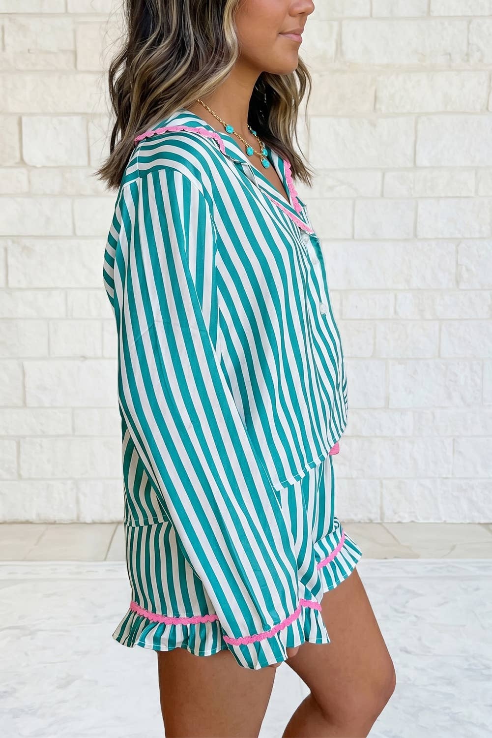 Stripe Long Sleeve Shirt Ribbon Drawstring Shorts 2 Pcs Set: Green Stripe