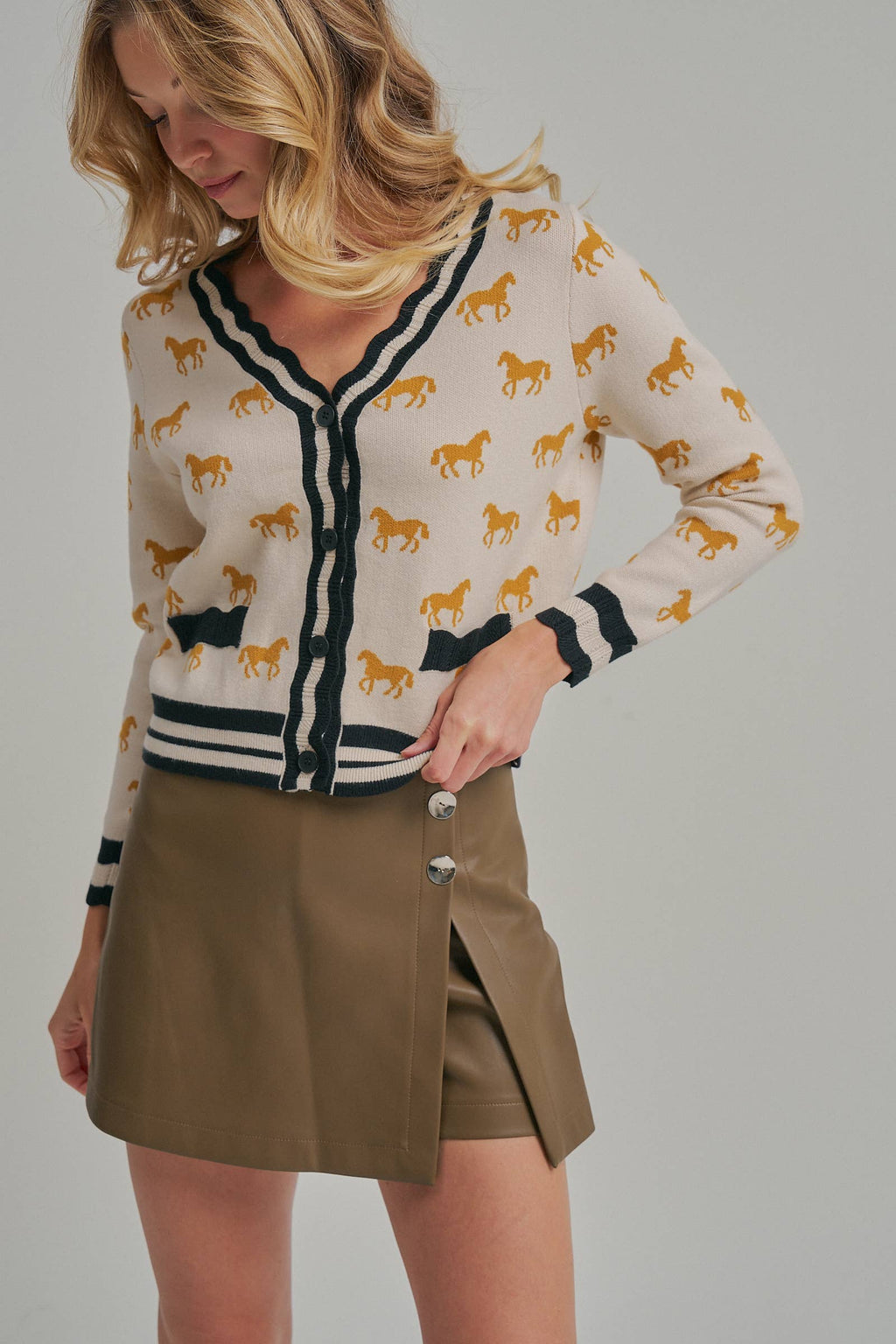 SUPER SOFT HORSE PRINT KNIT CARDIGAN_JLT00386-01: OATMEAL COMBO / S-M-L(2-2-2)