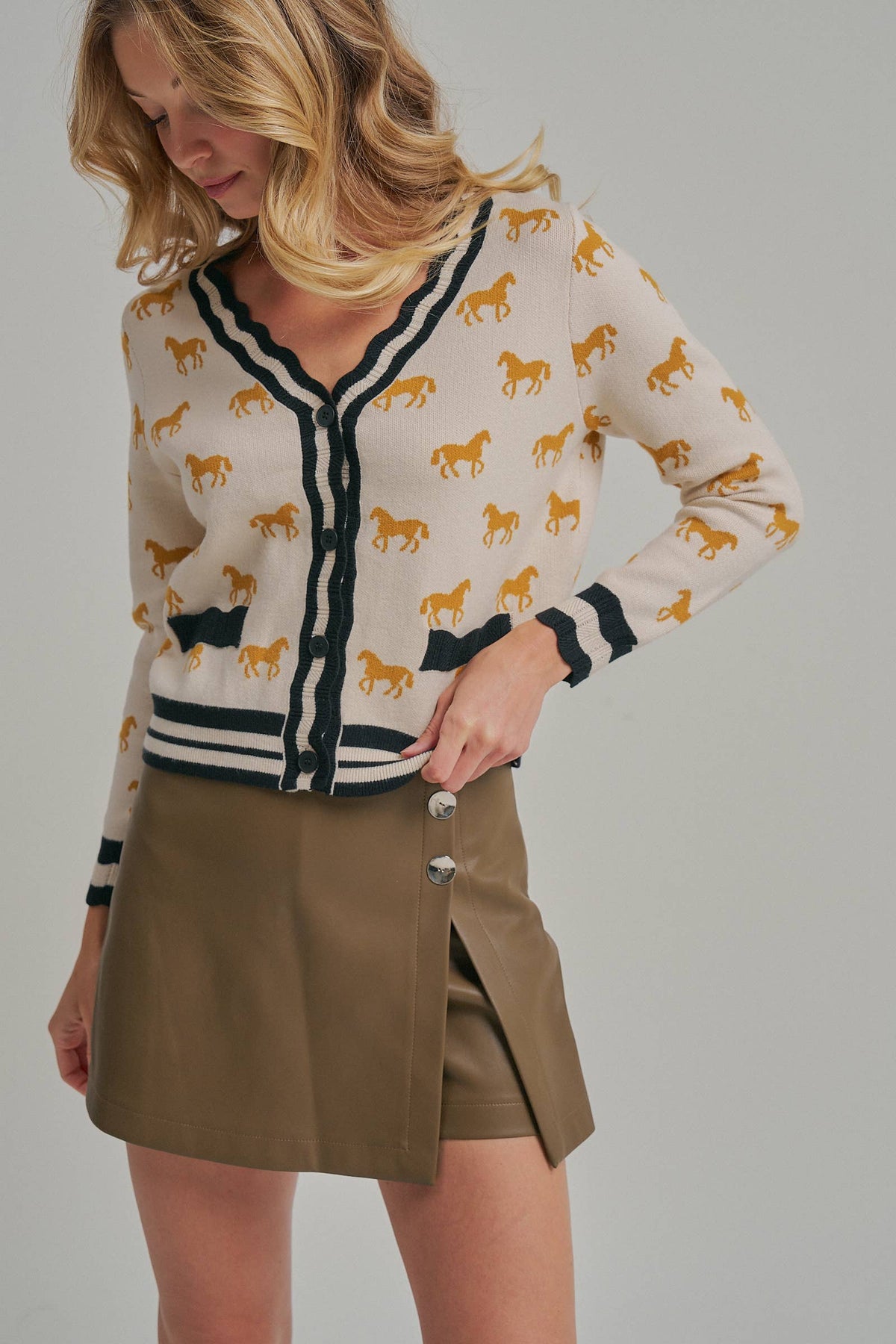SUPER SOFT HORSE PRINT KNIT CARDIGAN_JLT00386-01: OATMEAL COMBO / S-M-L(2-2-2)