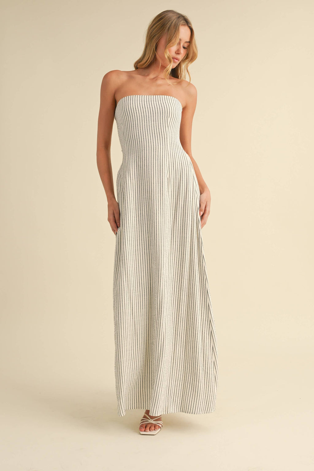 STRIPED LONG BACK TIE STRAPLESS MAXI DRESS: IVORY