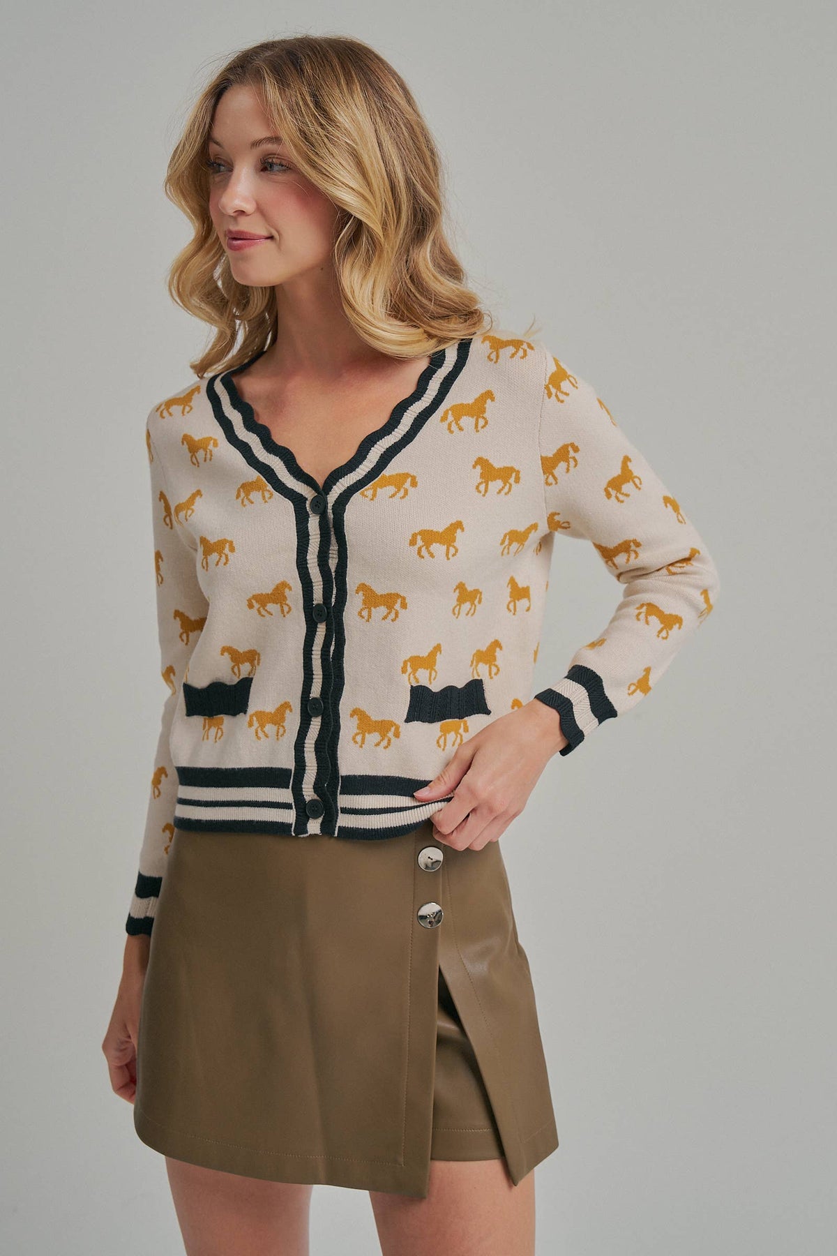 SUPER SOFT HORSE PRINT KNIT CARDIGAN_JLT00386-01: OATMEAL COMBO / S-M-L(2-2-2)