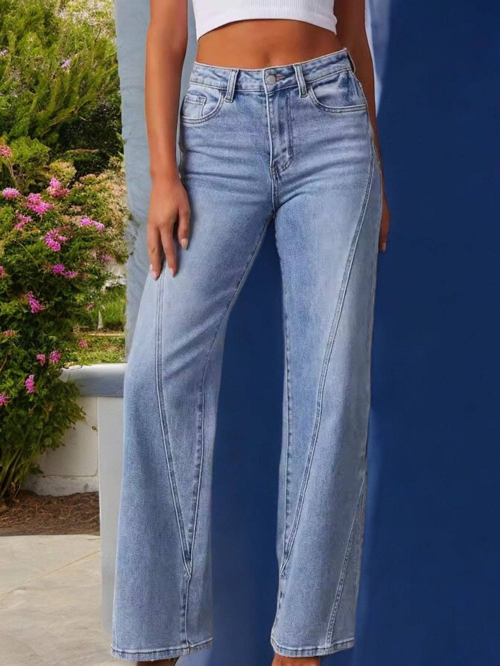 Women's High Waist Wide Leg Jeans with Seaming Detail