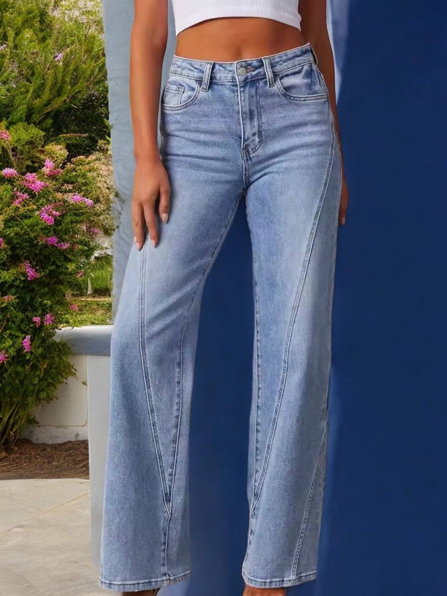 Women's High Waist Wide Leg Jeans with Seaming Detail