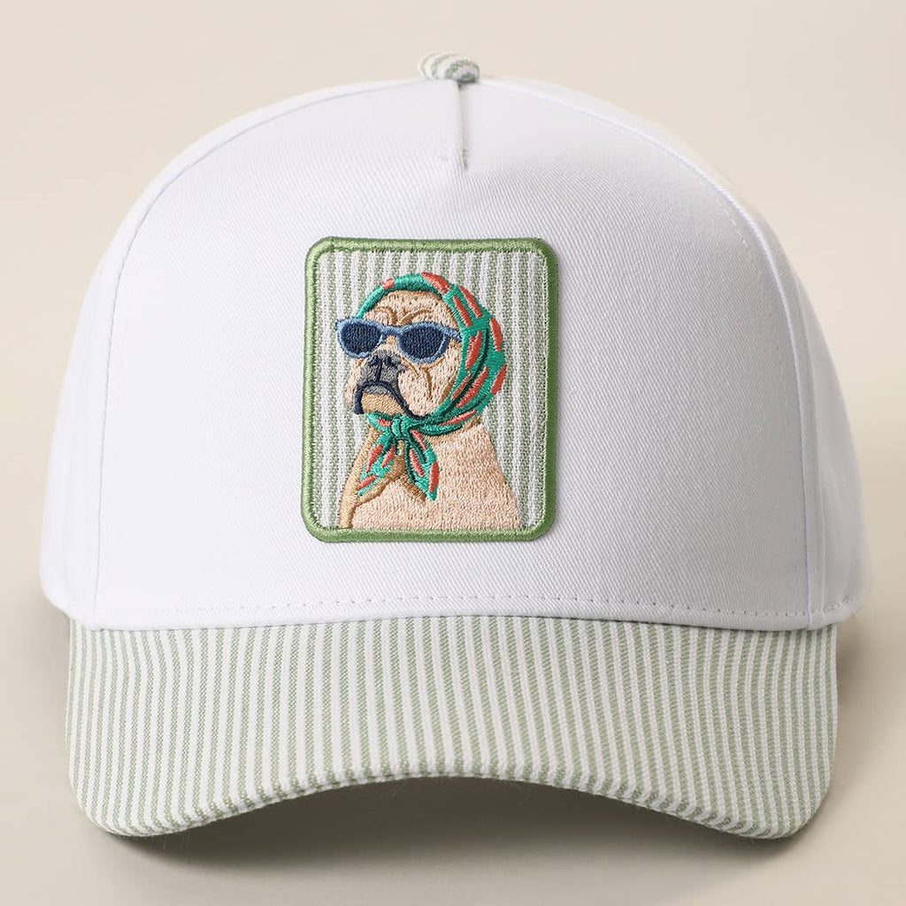 Cool Dog Embroidered Patch Seersucker Brim Baseball Cap: SAGE / ONE SIZE