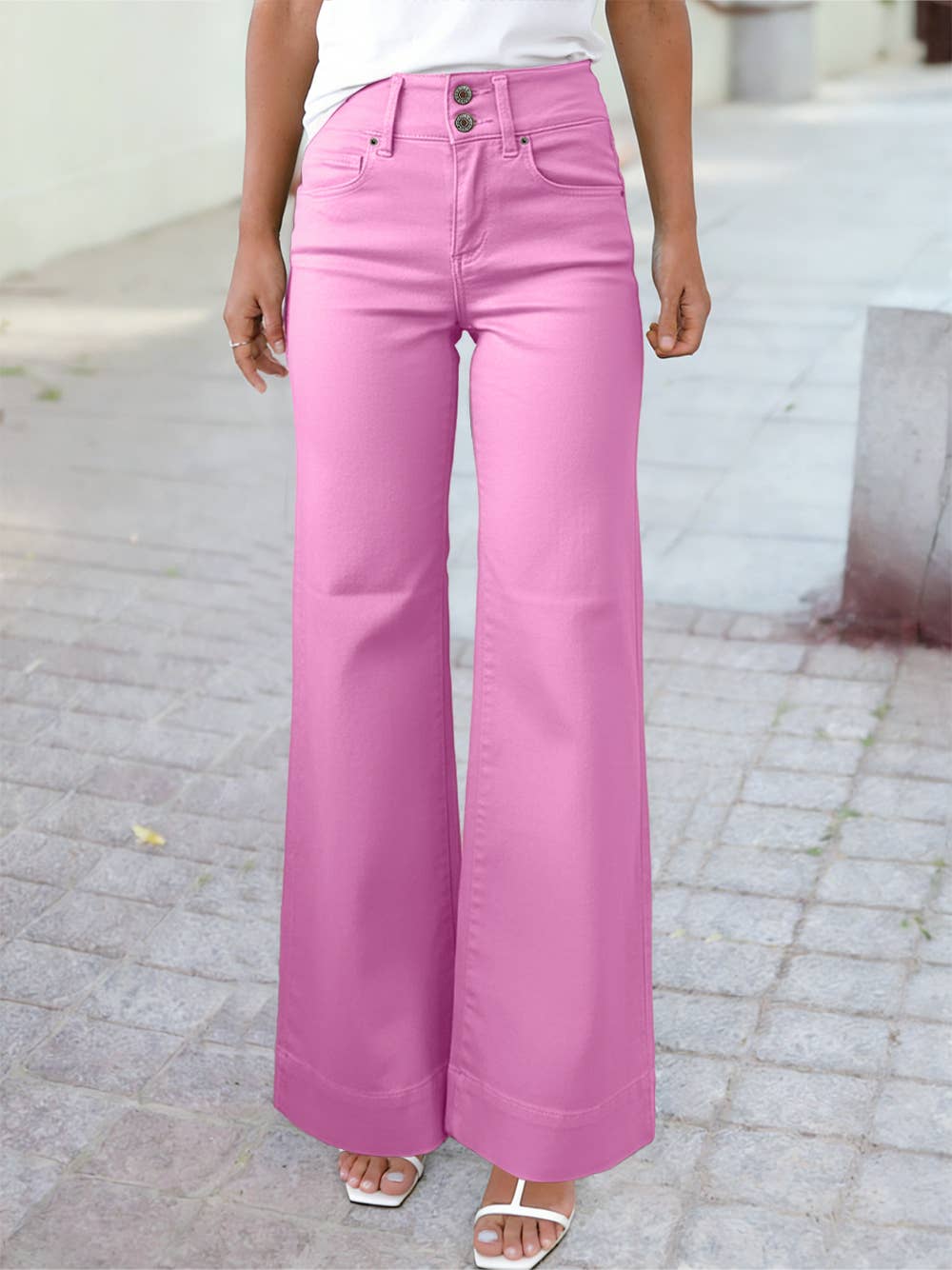 High Waisted Double Button Wide Leg Elastic Denim Jeans: Black / 12
