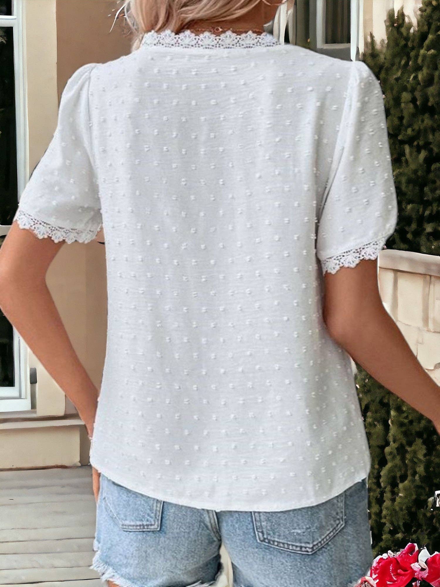 Lace Detailed V-Neck Short Sleeved Blouse: Olive Green / XL 16-18