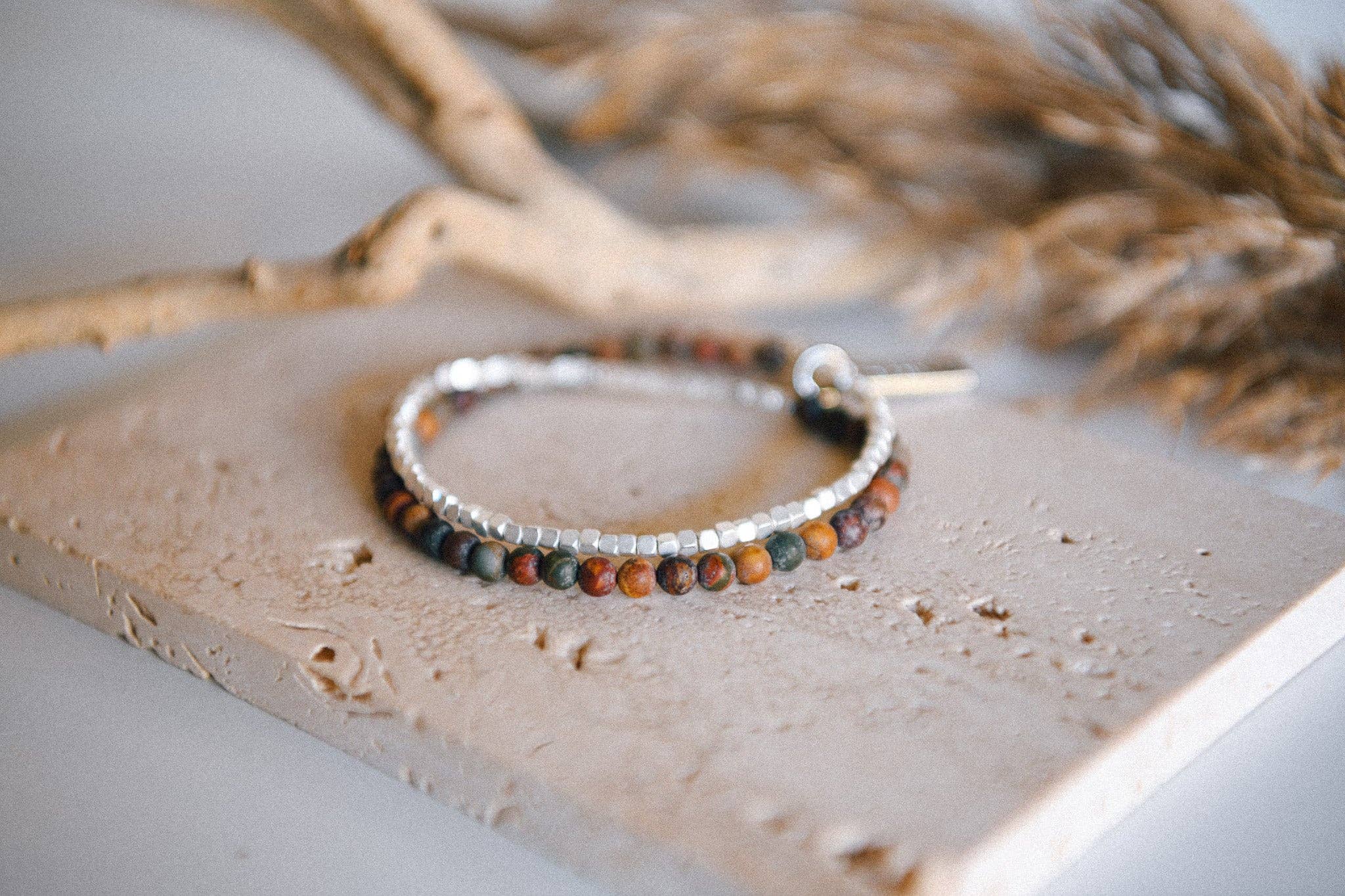 Gemstone Double Wrap Silver Beaded Bracelet : Jade
