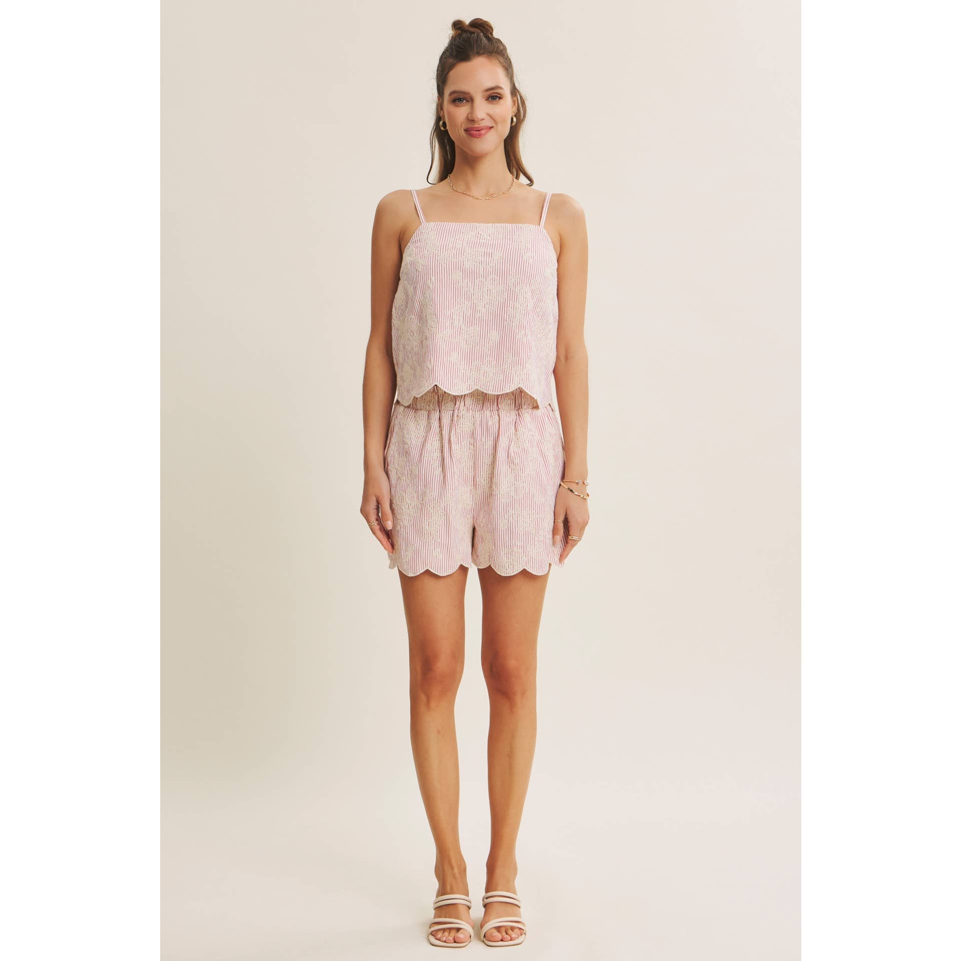 VERSATILE SUMMER STAPLE STRIPE EMBROIDERED SCALLOP TANK TOP