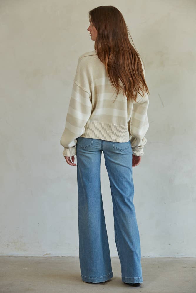 W1537 | Knit Sweater Striped Button Down Cardigan: Cream Navy / L