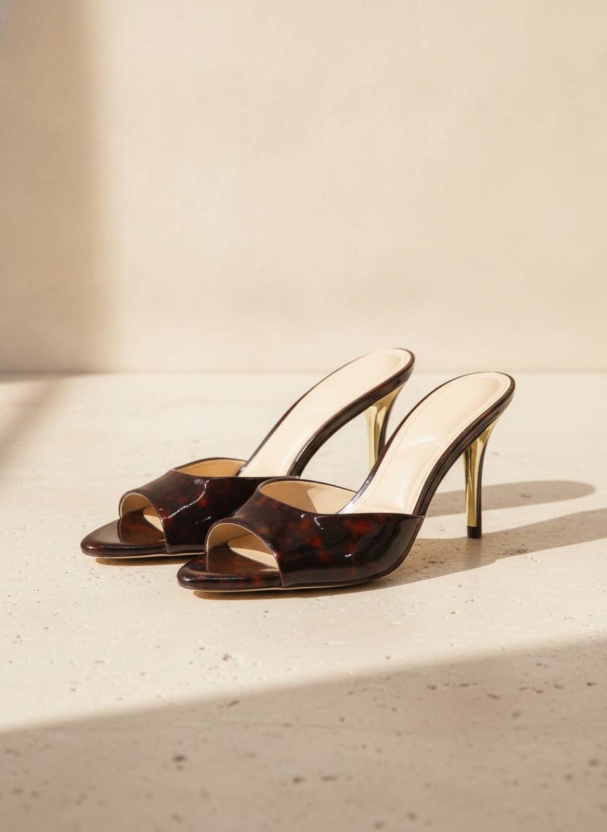 FEROCIOUS-08 Glossy Stiletto Mule Heels Trendy Open Toe Sand: TORTOISE / A12
