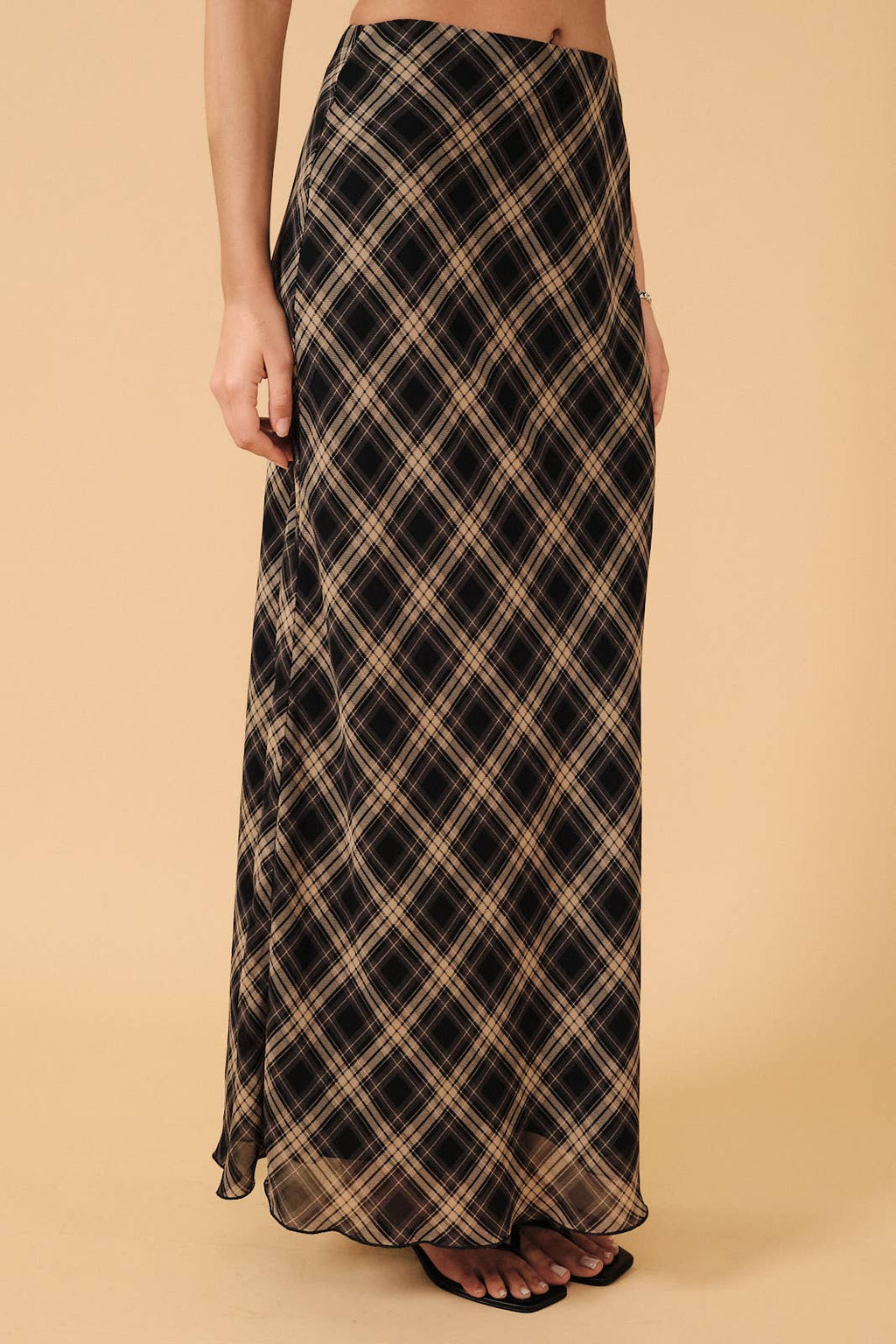 HIGH WAIST PLAID CHIFFON MIDI SKIRT: NAVY-CREAM PLAID / S