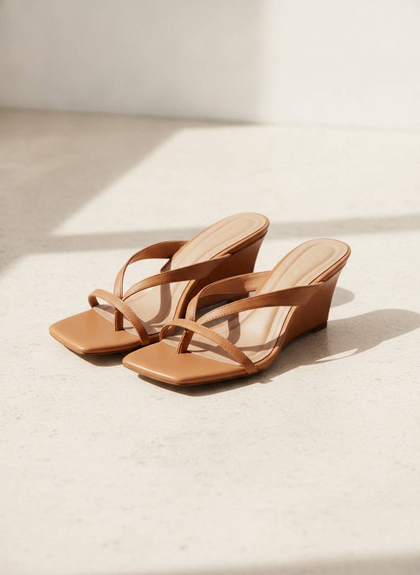 POET-05 Retro Wedge Thong Sandals Trendy Slip-On Heels: MOCHA / A12