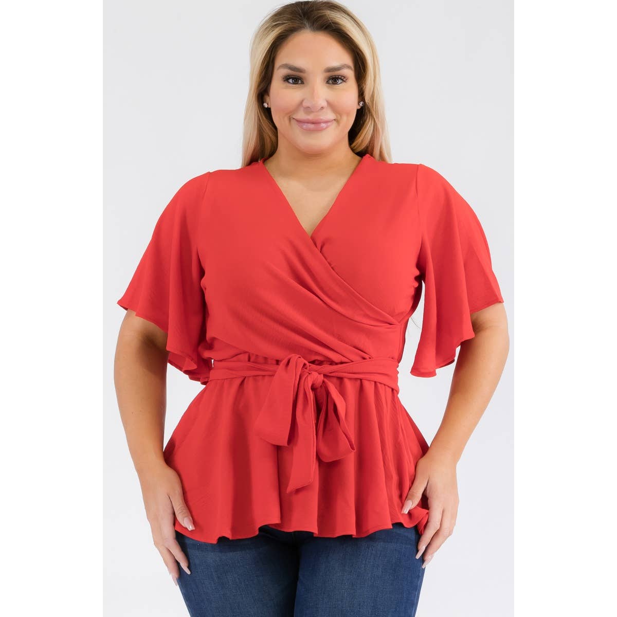 PLUS SIZE SURPLICE TIE WAIST PEPLUM BLOUSE: Black / 2X