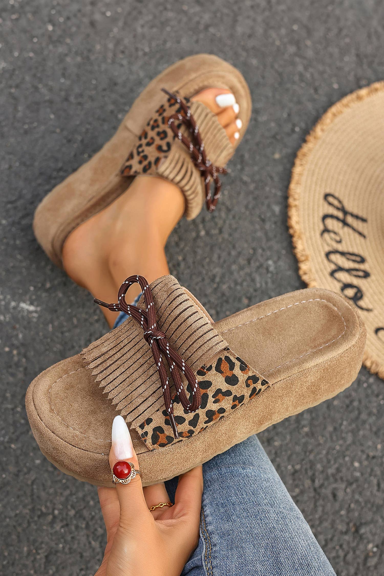Leopard Faux Suede Slashed Lace-up Detail Platform Slippers: Coffee / 6(37)