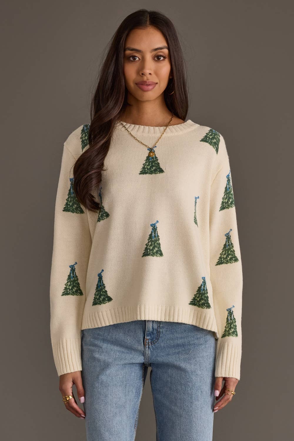 Ivory Tree Sweater with Blue Bows