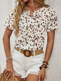 Leopard Print Split Neck Short Sleeve Blouse