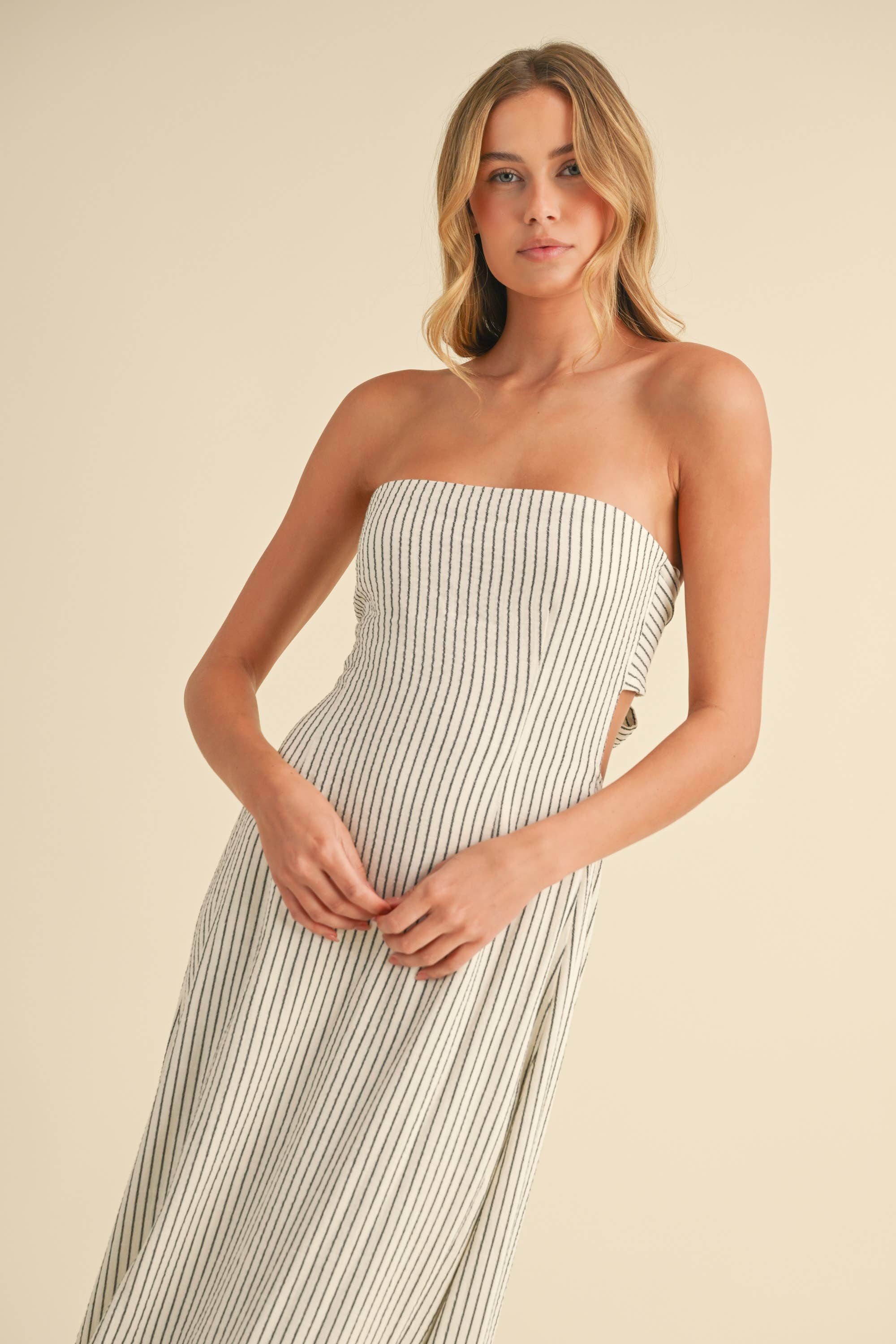 STRIPED LONG BACK TIE STRAPLESS MAXI DRESS: IVORY
